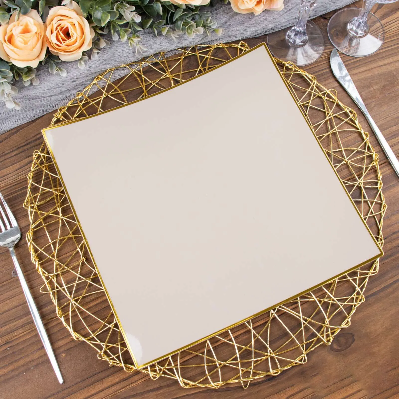 10 Pack 10" Taupe Gold Concave Modern Square Plastic Dinner Plates, Disposable Party Plates