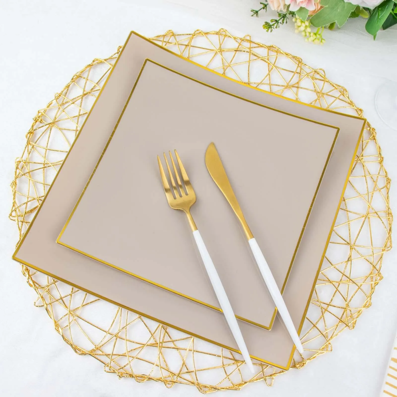 10 Pack 10" Taupe Gold Concave Modern Square Plastic Dinner Plates, Disposable Party Plates