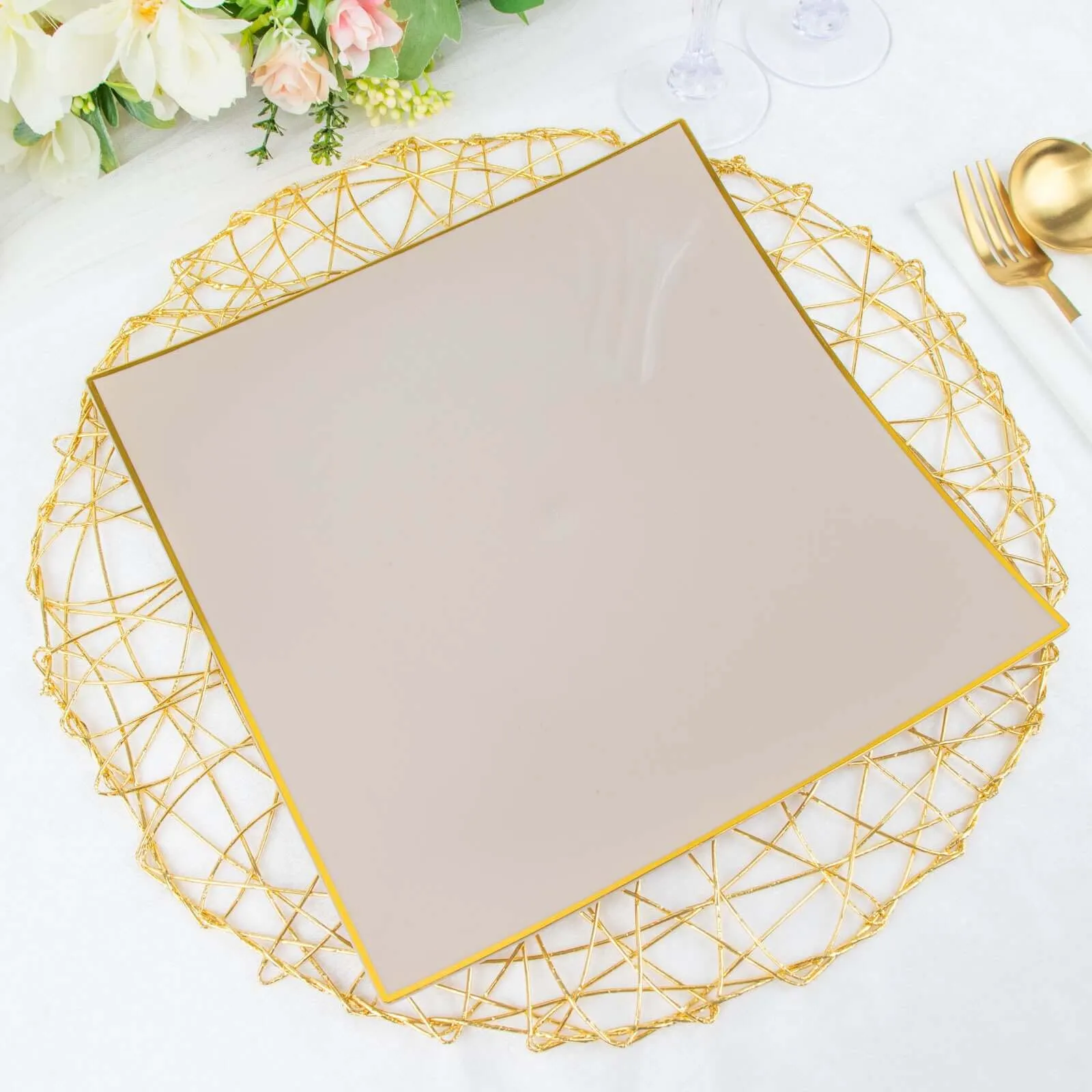 10 Pack 10" Taupe Gold Concave Modern Square Plastic Dinner Plates, Disposable Party Plates