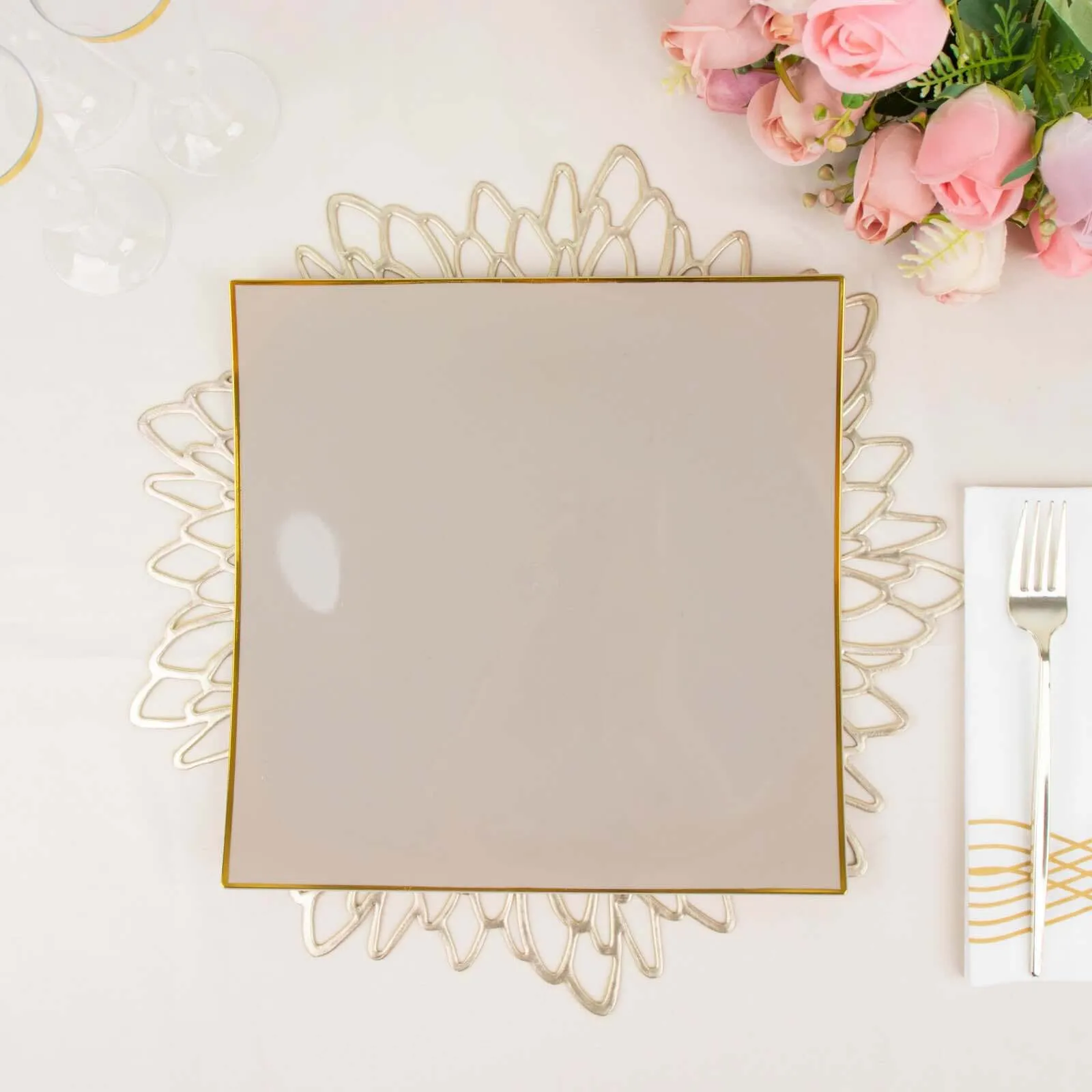 10 Pack 10" Taupe Gold Concave Modern Square Plastic Dinner Plates, Disposable Party Plates