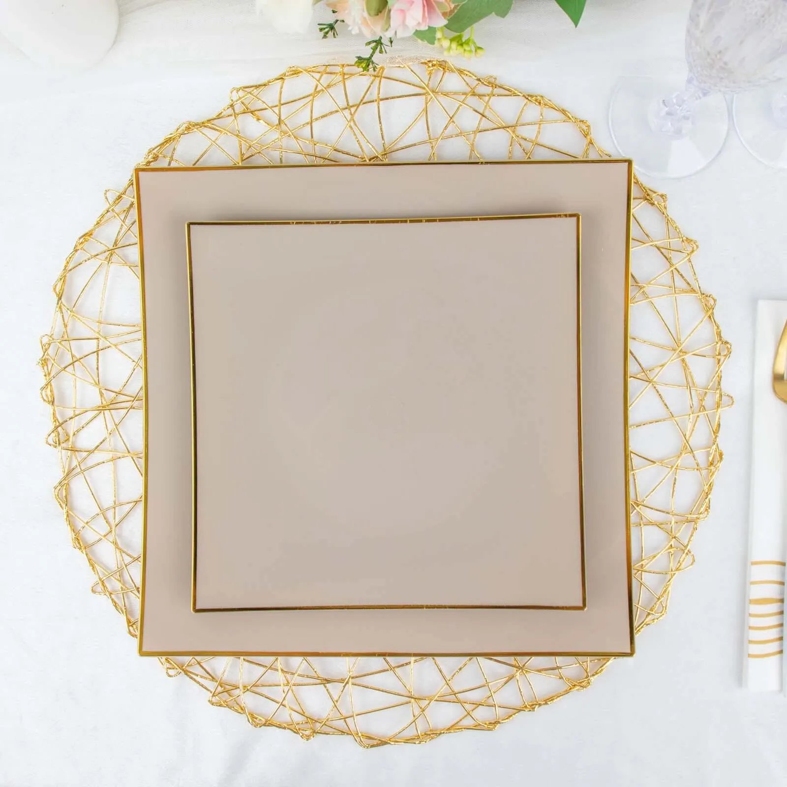 10 Pack 10" Taupe Gold Concave Modern Square Plastic Dinner Plates, Disposable Party Plates