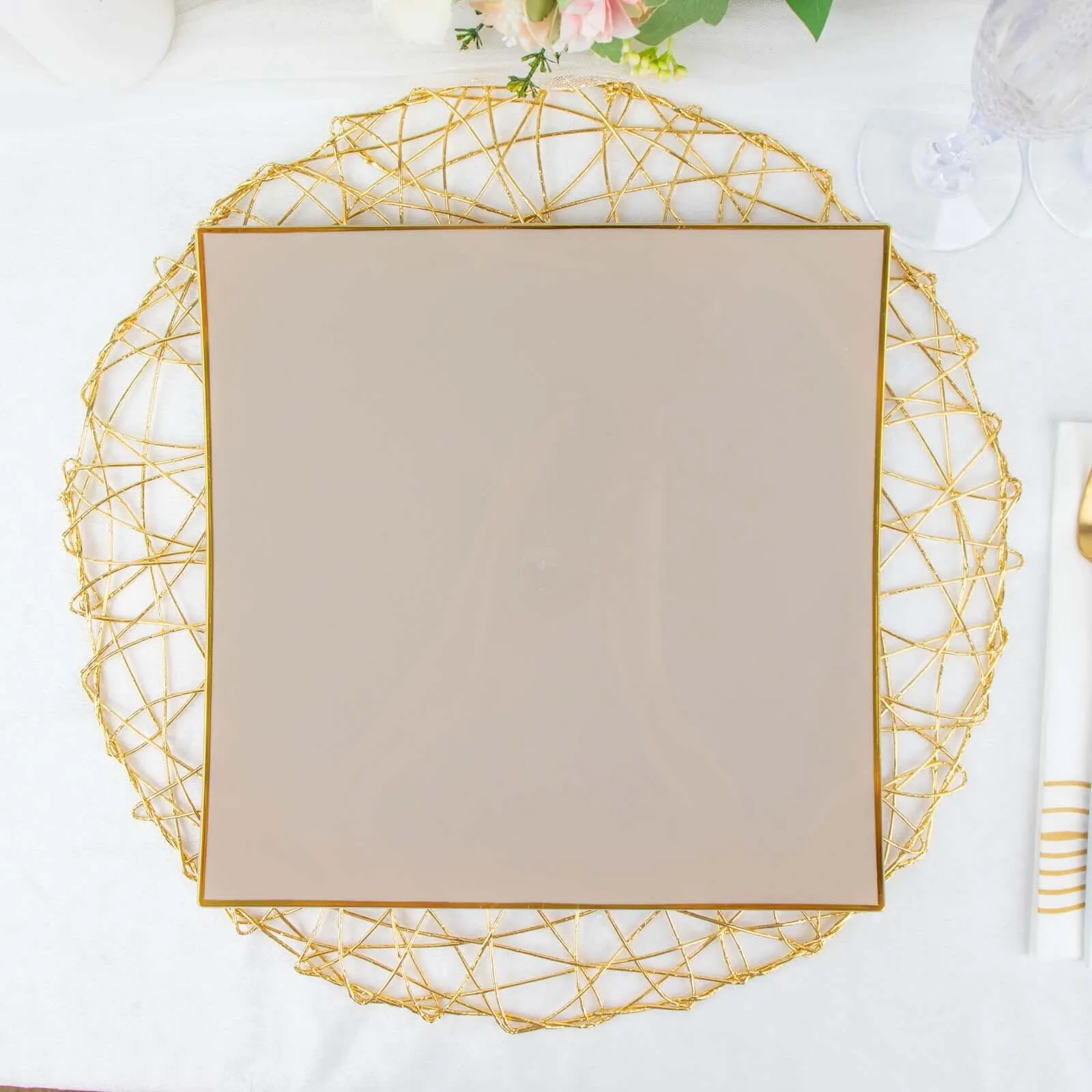 10 Pack 10" Taupe Gold Concave Modern Square Plastic Dinner Plates, Disposable Party Plates