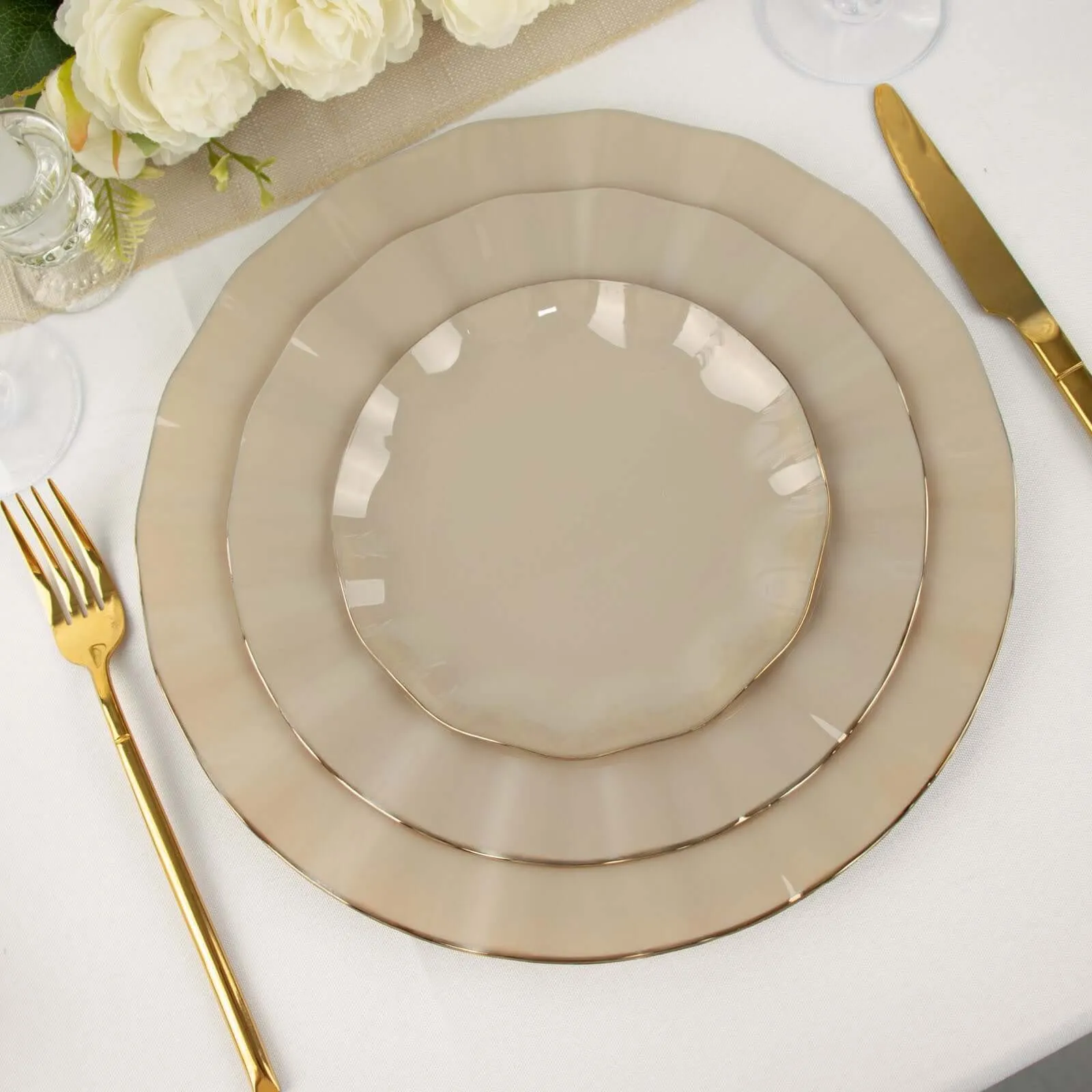 10 Pack 11" Taupe Disposable Dinner Plates With Gold Ruffled Rim, Round Plastic Party Plates