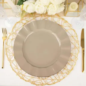 10 Pack 11" Taupe Disposable Dinner Plates With Gold Ruffled Rim, Round Plastic Party Plates