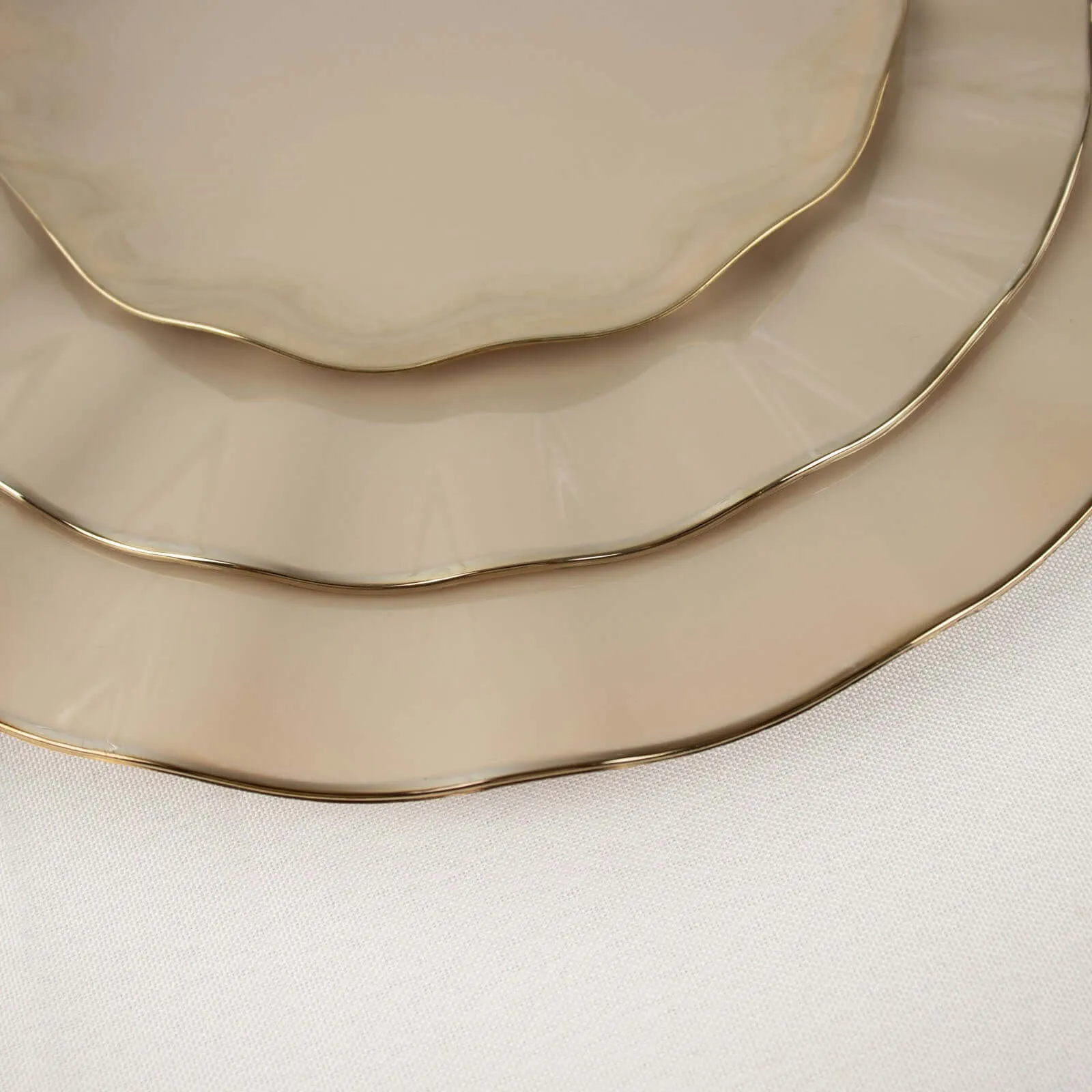 10 Pack 11" Taupe Disposable Dinner Plates With Gold Ruffled Rim, Round Plastic Party Plates