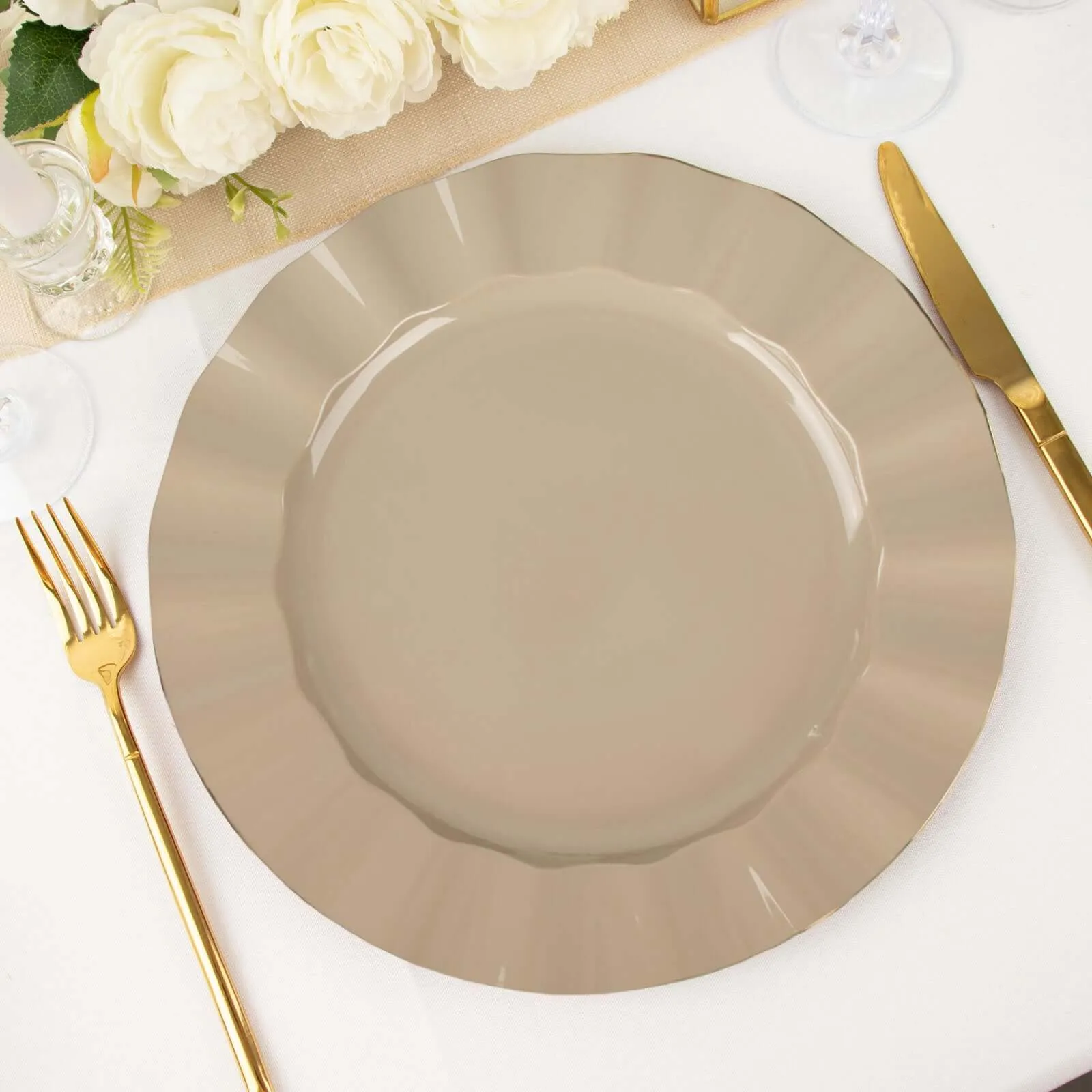 10 Pack 11" Taupe Disposable Dinner Plates With Gold Ruffled Rim, Round Plastic Party Plates