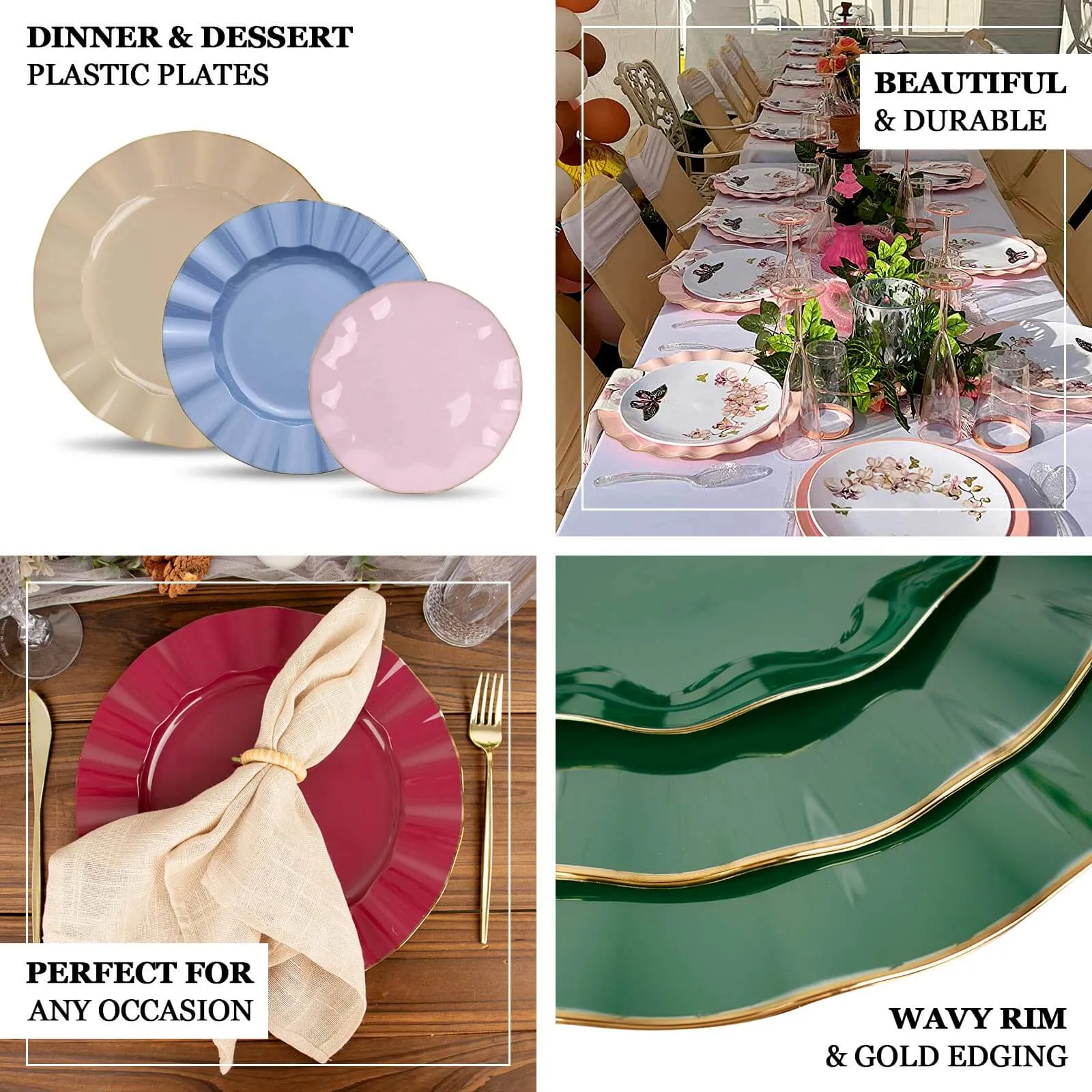 10 Pack 11" Taupe Disposable Dinner Plates With Gold Ruffled Rim, Round Plastic Party Plates