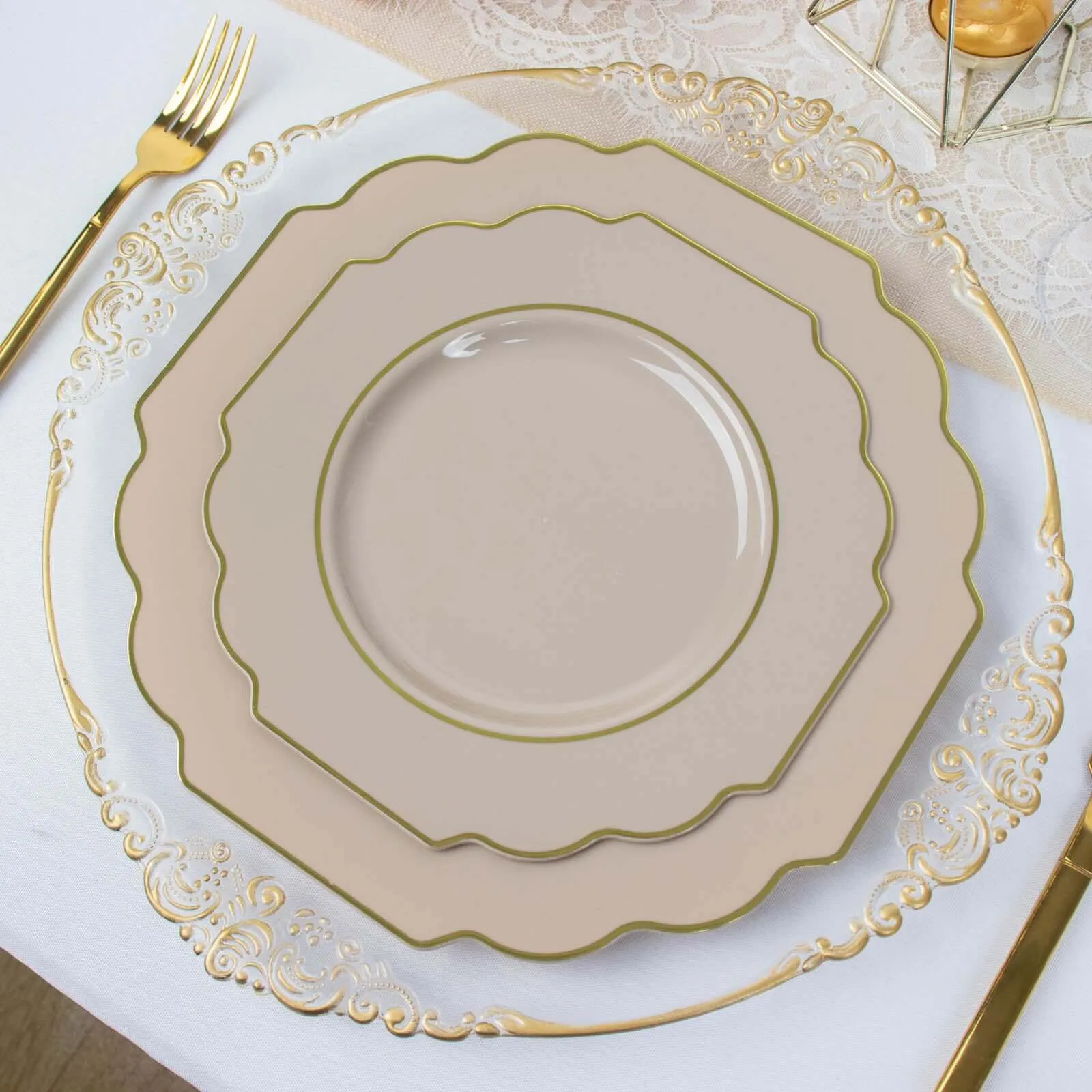 10 Pack 11" Taupe Heavy Duty Disposable Baroque Dinner Plates with Gold Rim, Hard Plastic Dinnerware