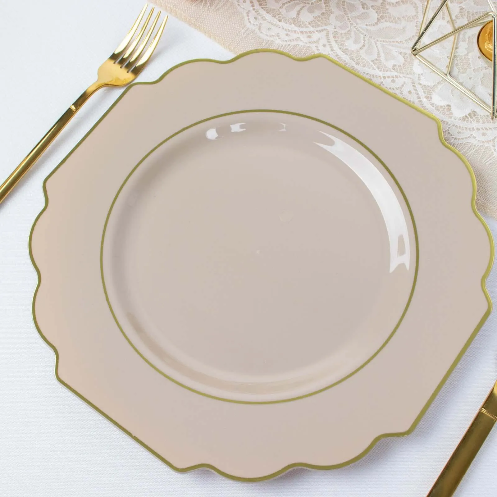 10 Pack 11" Taupe Heavy Duty Disposable Baroque Dinner Plates with Gold Rim, Hard Plastic Dinnerware