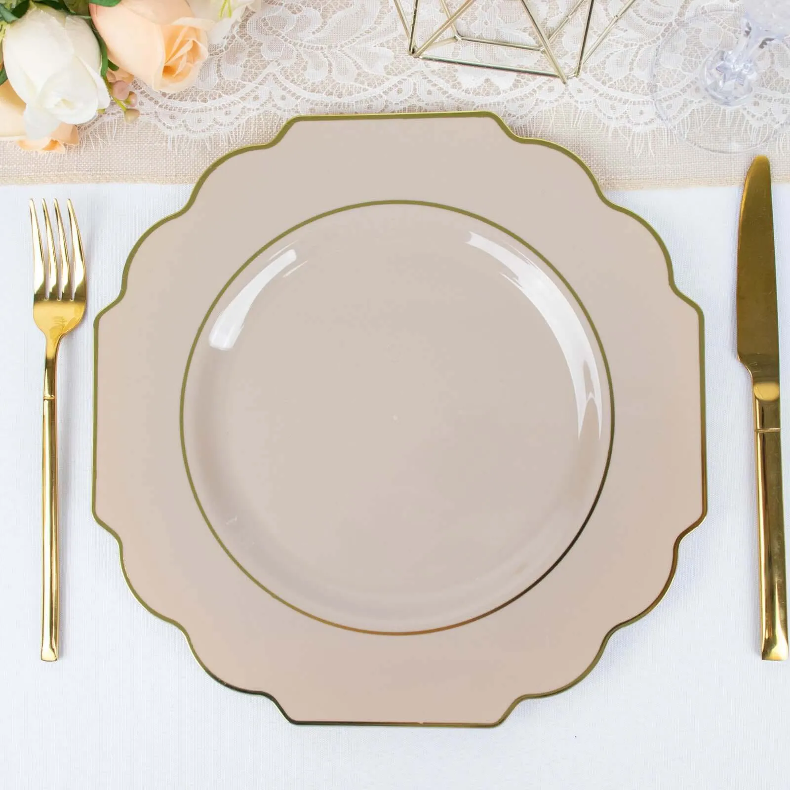 10 Pack 11" Taupe Heavy Duty Disposable Baroque Dinner Plates with Gold Rim, Hard Plastic Dinnerware