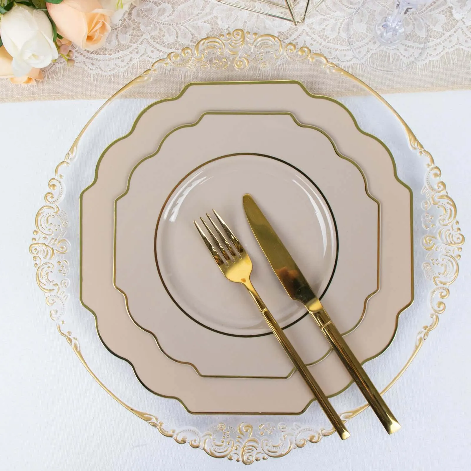 10 Pack 11" Taupe Heavy Duty Disposable Baroque Dinner Plates with Gold Rim, Hard Plastic Dinnerware