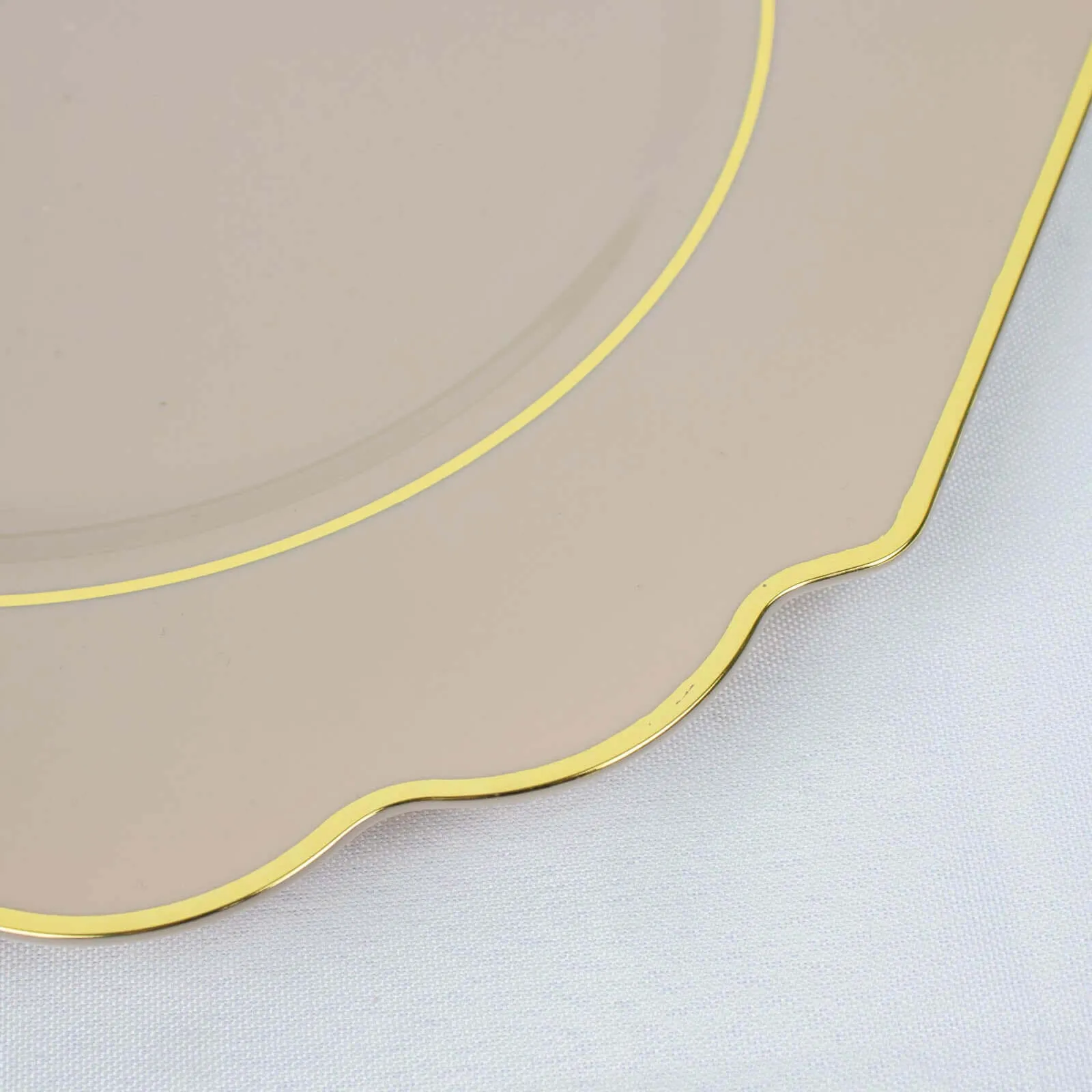 10 Pack 11" Taupe Heavy Duty Disposable Baroque Dinner Plates with Gold Rim, Hard Plastic Dinnerware