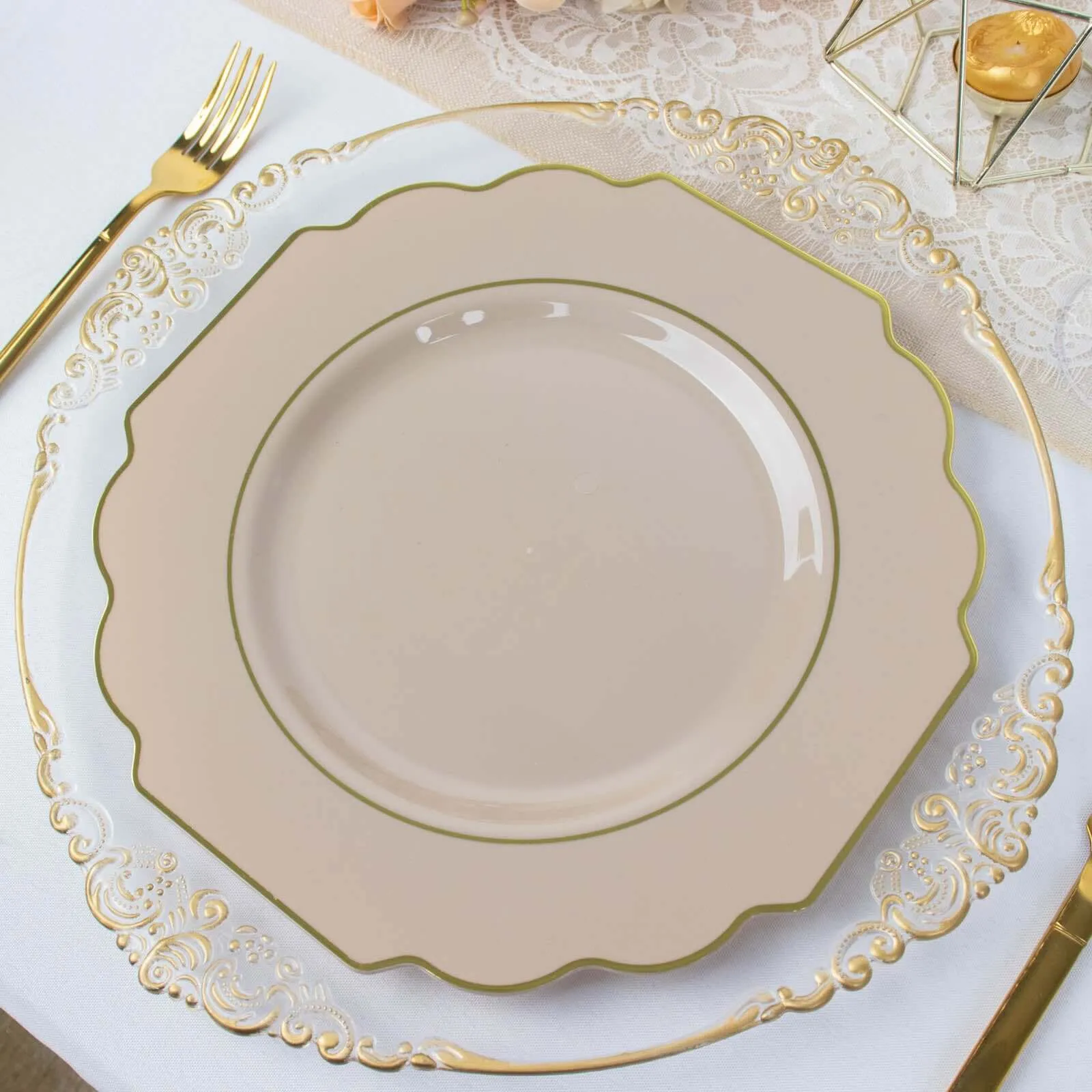 10 Pack 11" Taupe Heavy Duty Disposable Baroque Dinner Plates with Gold Rim, Hard Plastic Dinnerware