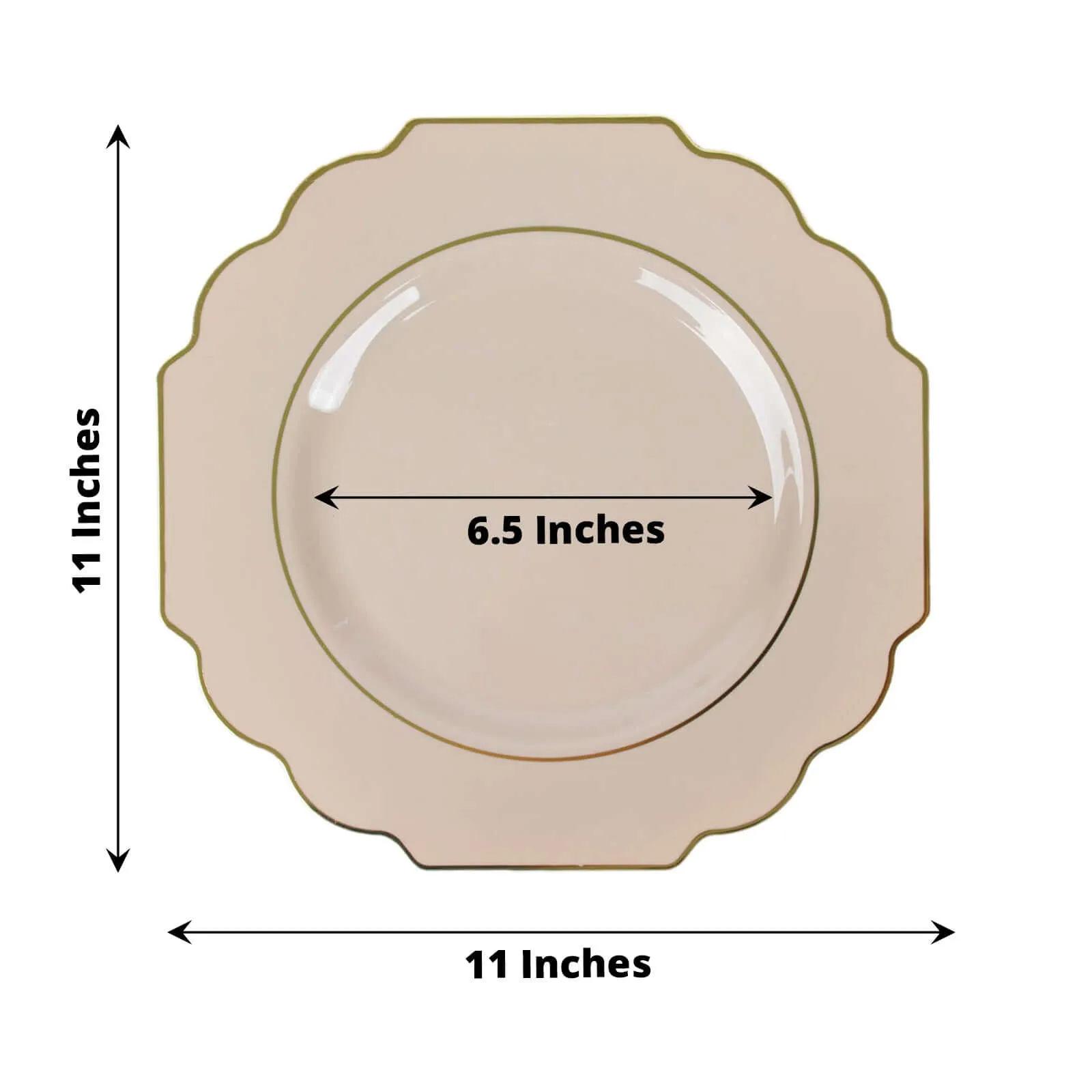 10 Pack 11" Taupe Heavy Duty Disposable Baroque Dinner Plates with Gold Rim, Hard Plastic Dinnerware