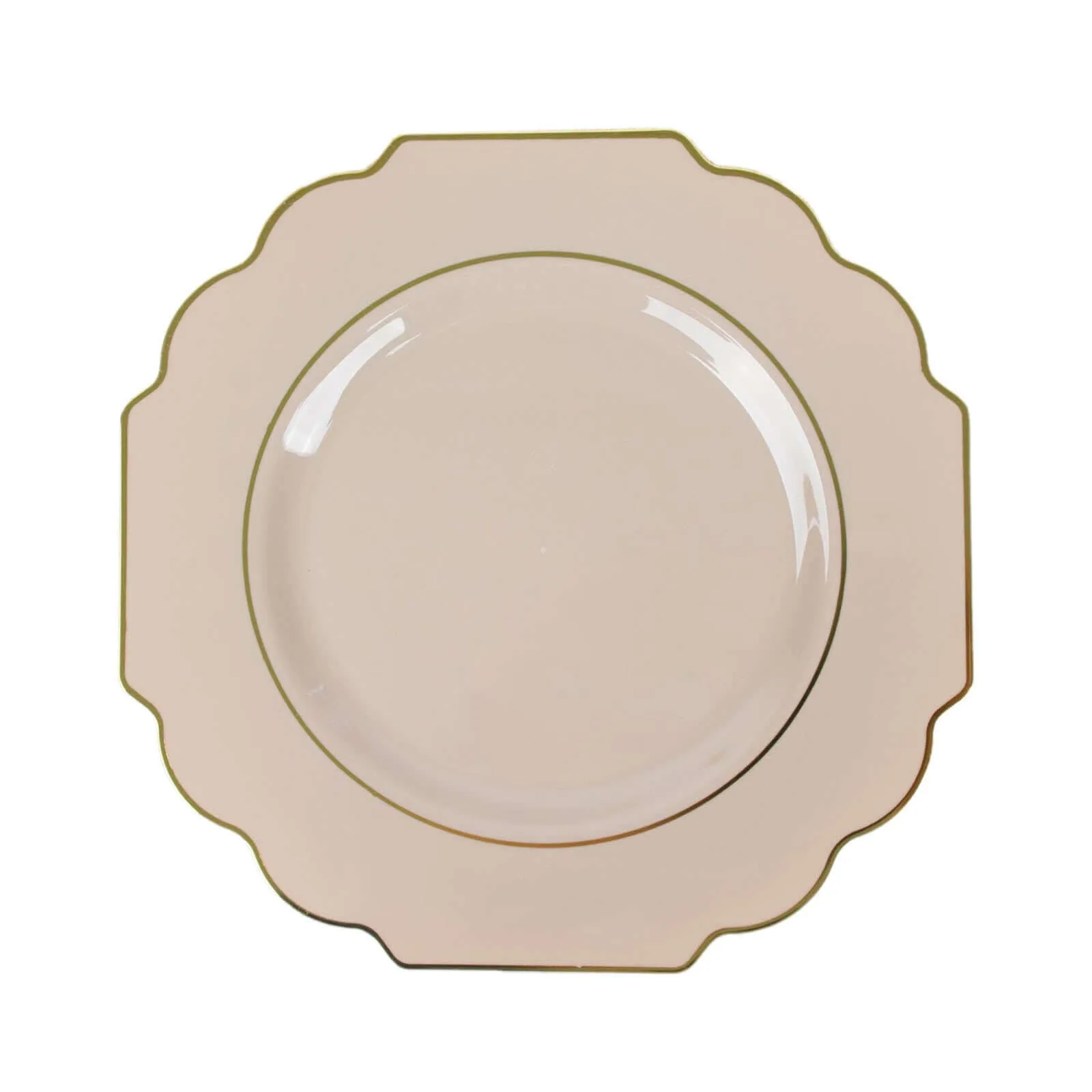 10 Pack 11" Taupe Heavy Duty Disposable Baroque Dinner Plates with Gold Rim, Hard Plastic Dinnerware