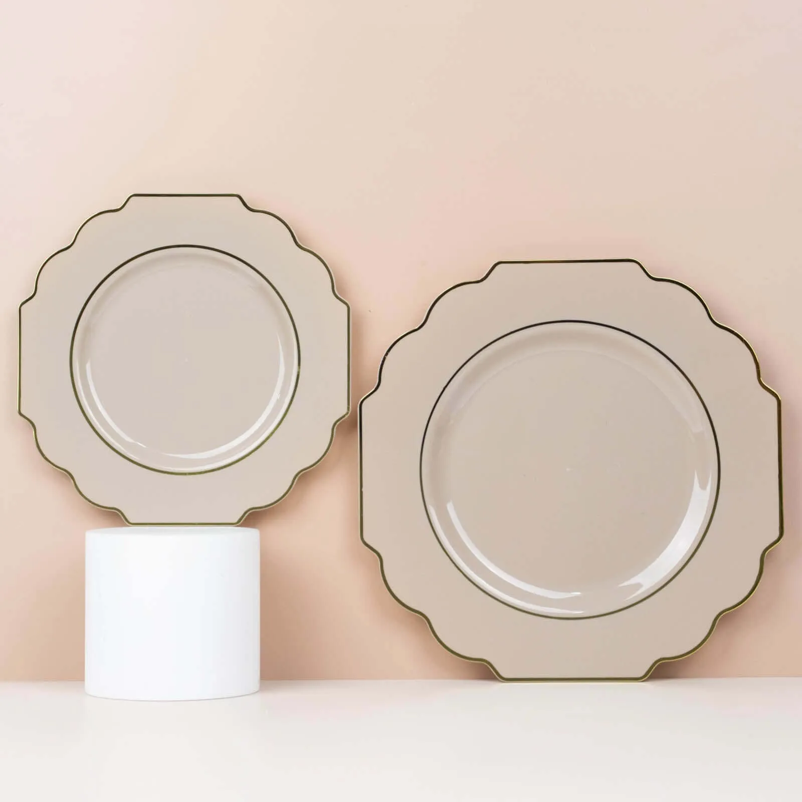 10 Pack 11" Taupe Heavy Duty Disposable Baroque Dinner Plates with Gold Rim, Hard Plastic Dinnerware