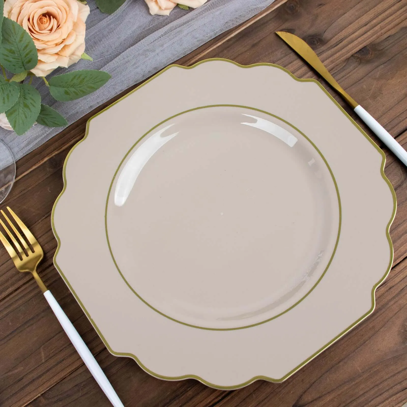 10 Pack 11" Taupe Heavy Duty Disposable Baroque Dinner Plates with Gold Rim, Hard Plastic Dinnerware