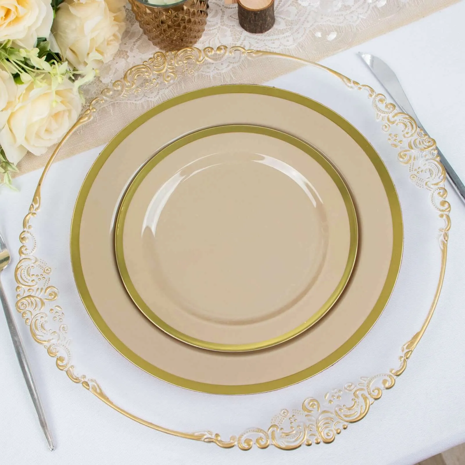 10 Pack 7" Regal Taupe and Gold Round Plastic Dessert Plates, Disposable Appetizer Salad Plates