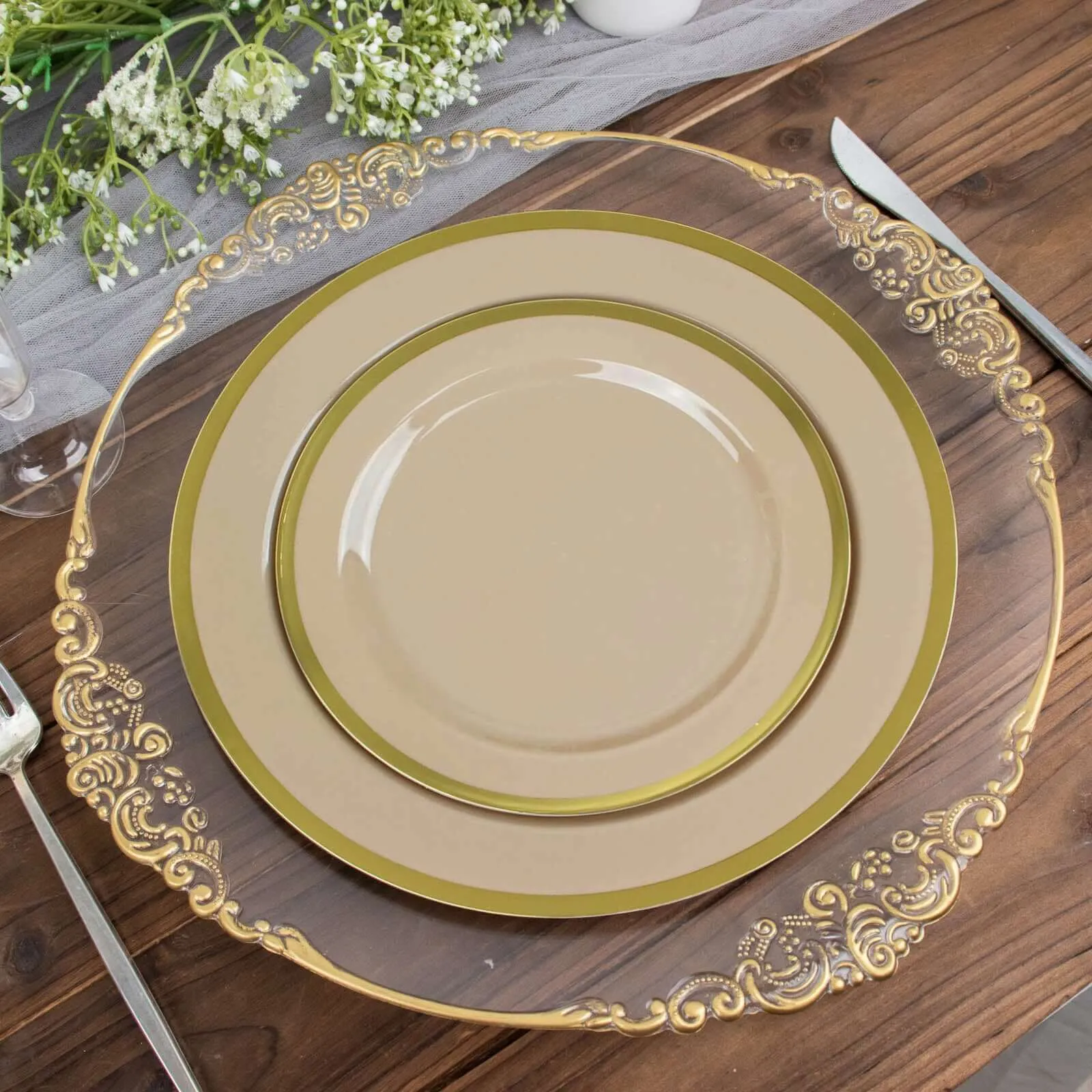 10 Pack 7" Regal Taupe and Gold Round Plastic Dessert Plates, Disposable Appetizer Salad Plates