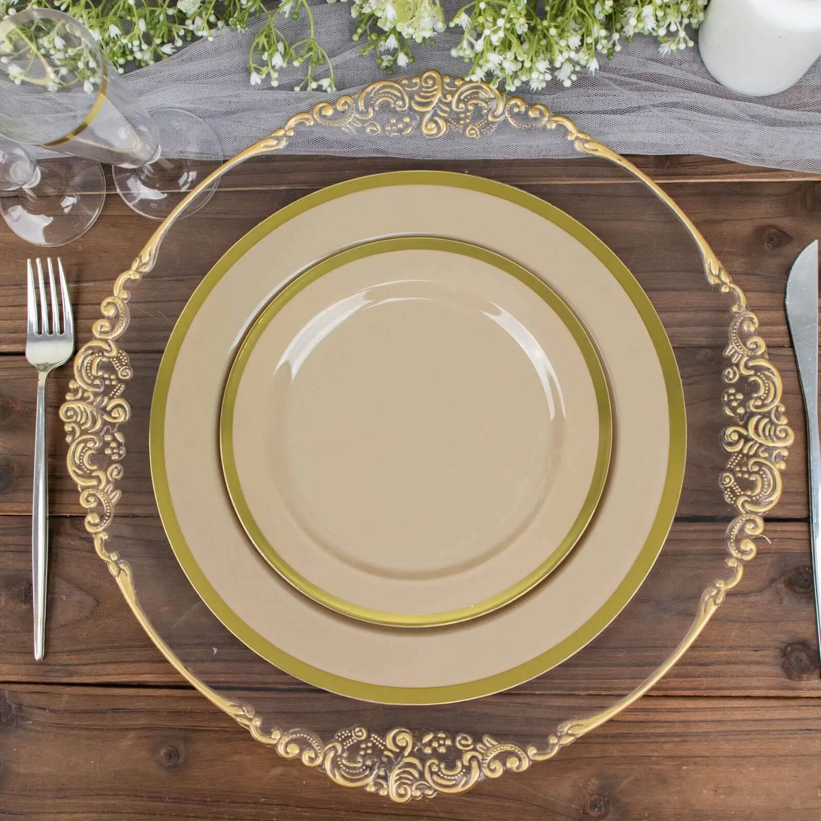 10 Pack 7" Regal Taupe and Gold Round Plastic Dessert Plates, Disposable Appetizer Salad Plates