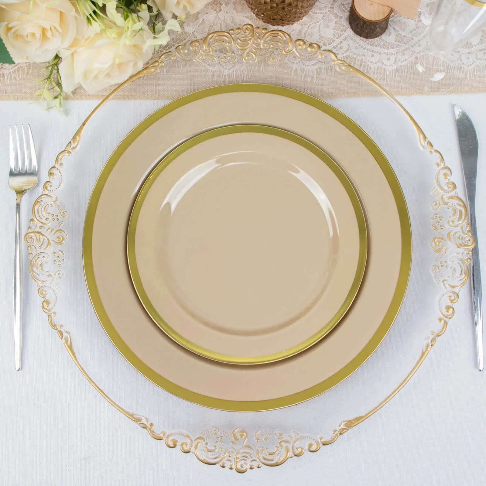 10 Pack 7" Regal Taupe and Gold Round Plastic Dessert Plates, Disposable Appetizer Salad Plates