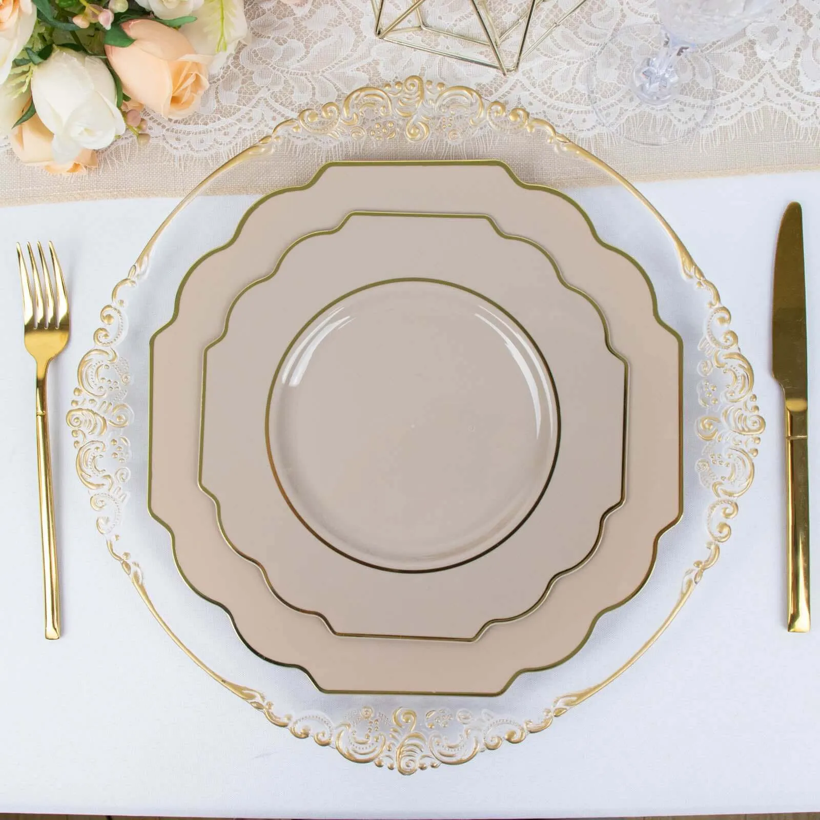 10 Pack 8" Taupe Hard Plastic Dessert Appetizer Plates, Disposable Tableware, Baroque Heavy Duty Salad Plates with Gold Rim