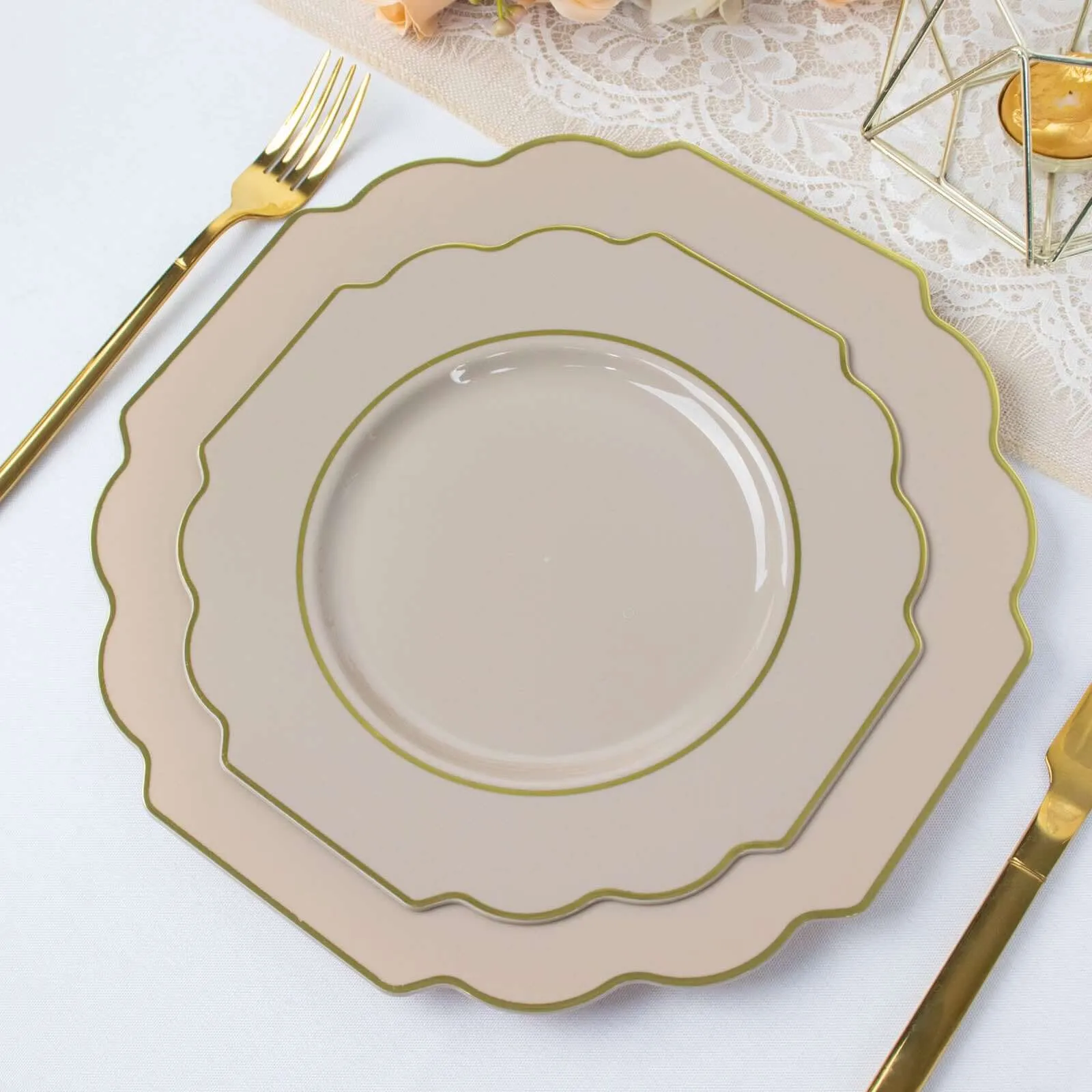 10 Pack 8" Taupe Hard Plastic Dessert Appetizer Plates, Disposable Tableware, Baroque Heavy Duty Salad Plates with Gold Rim