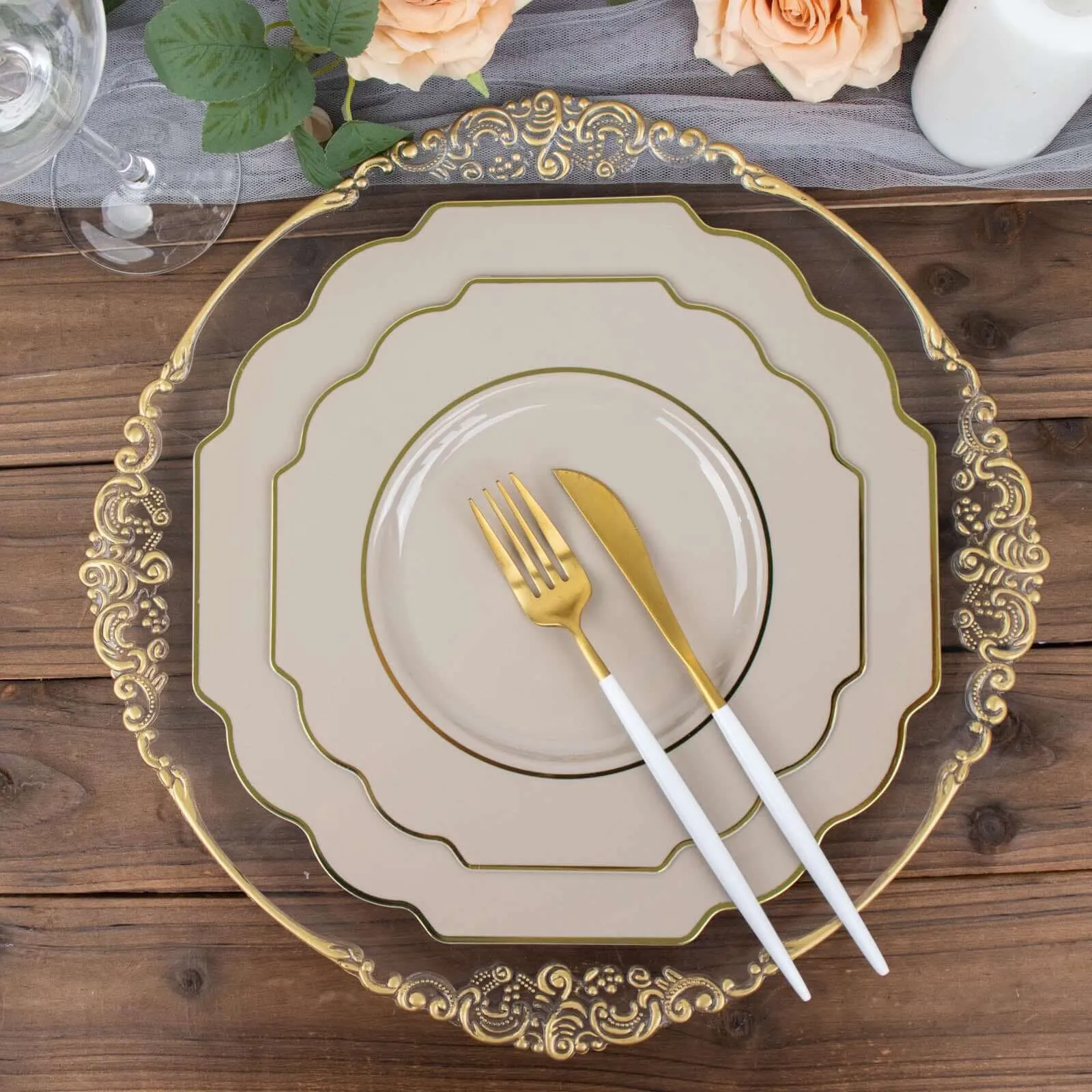 10 Pack 8" Taupe Hard Plastic Dessert Appetizer Plates, Disposable Tableware, Baroque Heavy Duty Salad Plates with Gold Rim