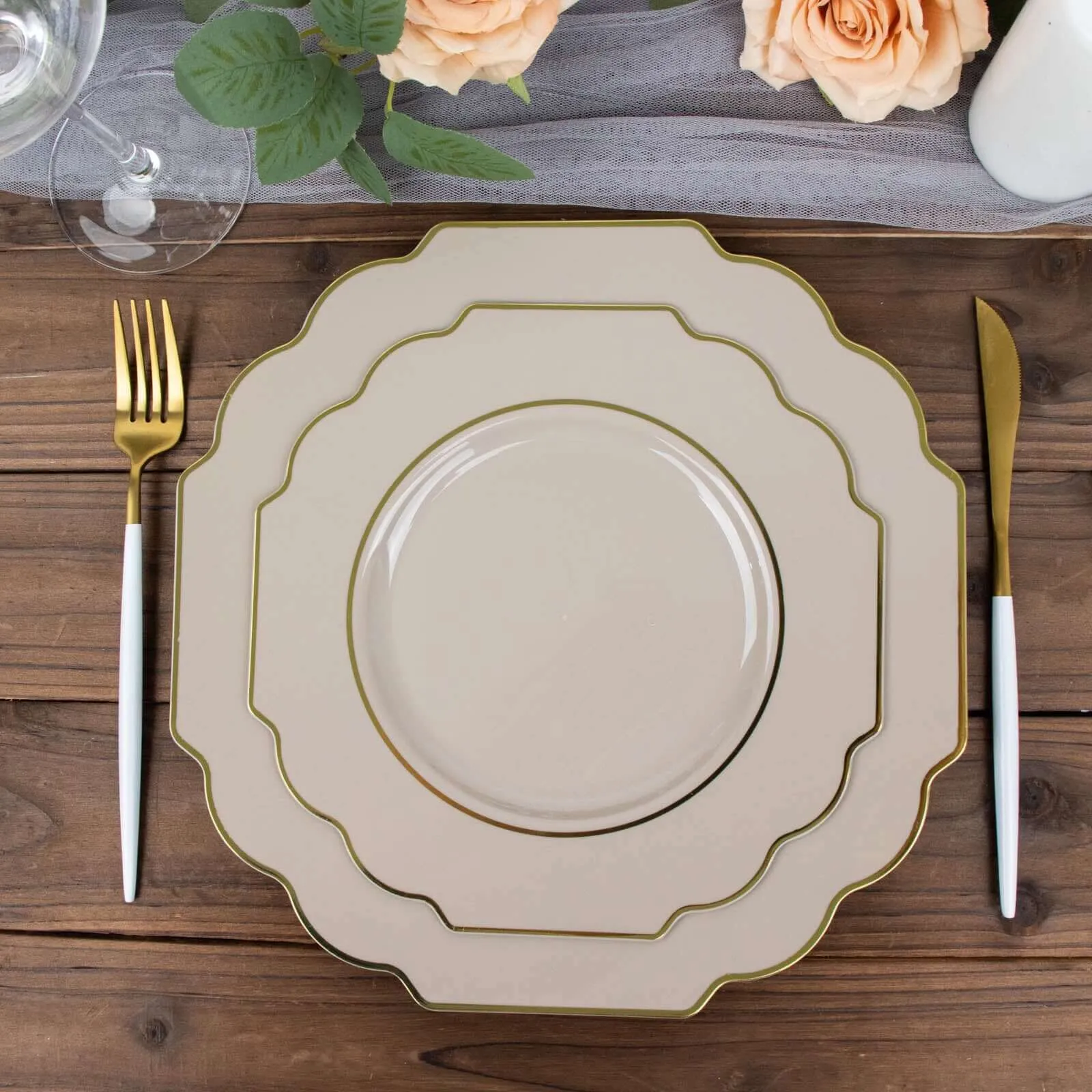 10 Pack 8" Taupe Hard Plastic Dessert Appetizer Plates, Disposable Tableware, Baroque Heavy Duty Salad Plates with Gold Rim