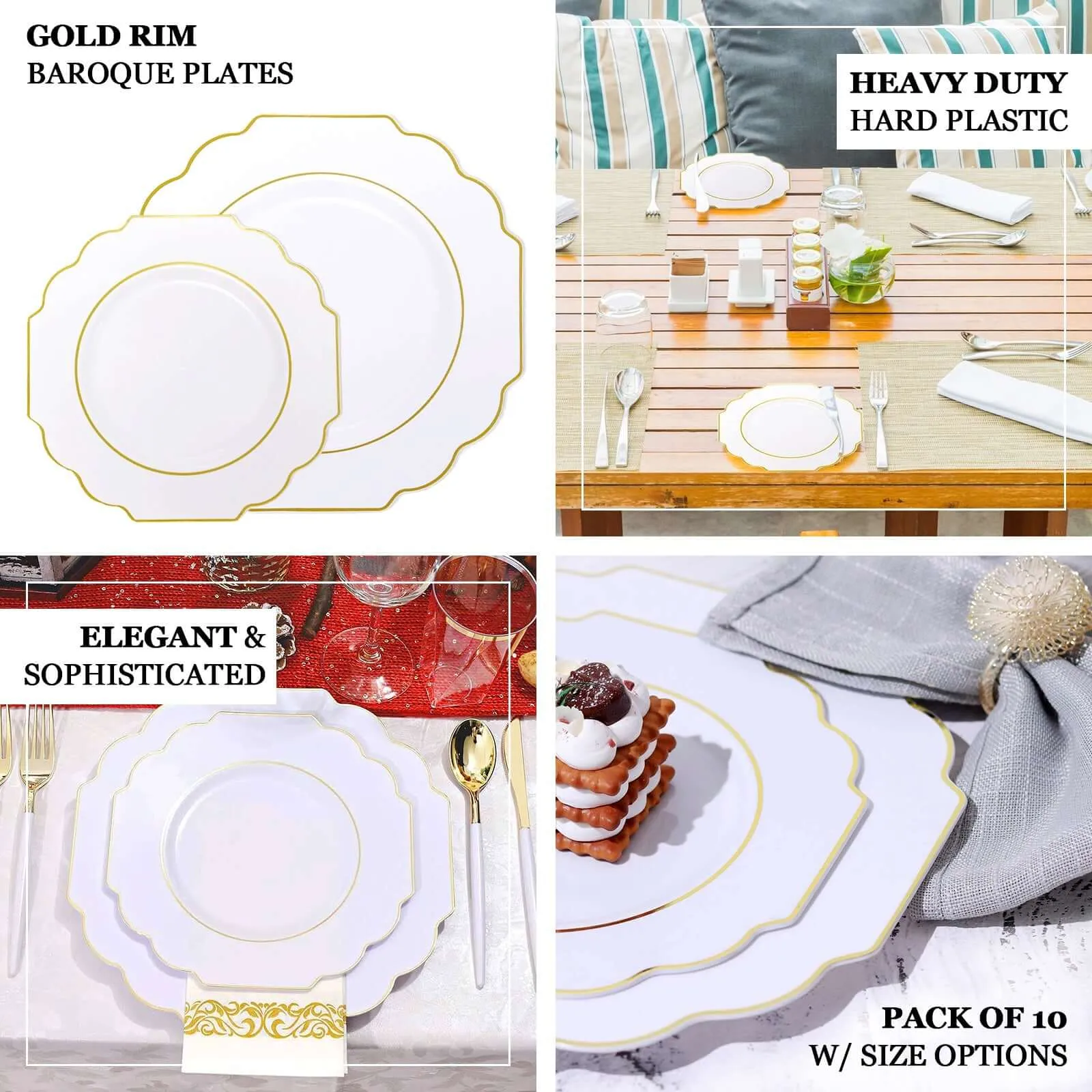 10 Pack 8" Taupe Hard Plastic Dessert Appetizer Plates, Disposable Tableware, Baroque Heavy Duty Salad Plates with Gold Rim