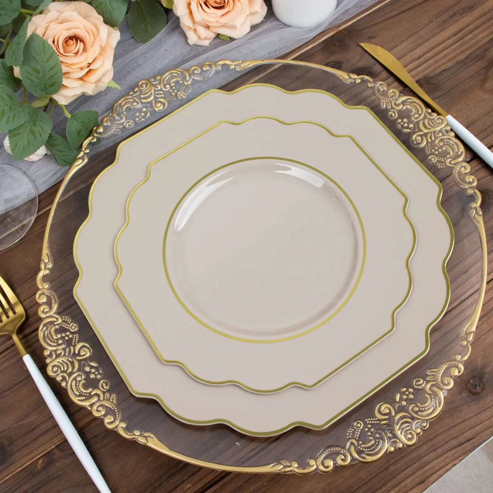 10 Pack 8" Taupe Hard Plastic Dessert Appetizer Plates, Disposable Tableware, Baroque Heavy Duty Salad Plates with Gold Rim