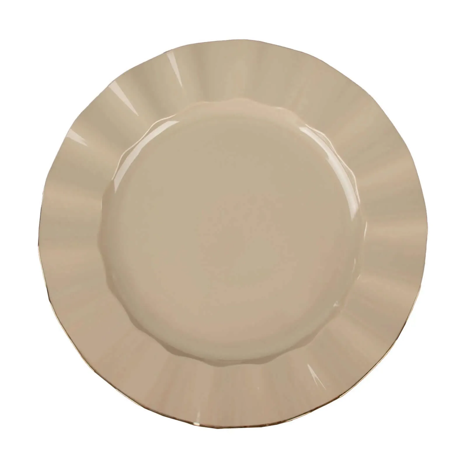 10 Pack 9" Taupe Heavy Duty Disposable Dinner Plates with Gold Ruffled Rim, Hard Plastic Dinnerware