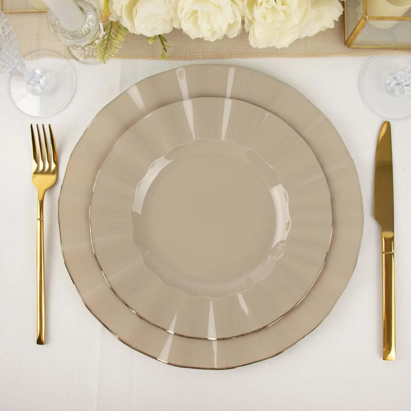 10 Pack 9" Taupe Heavy Duty Disposable Dinner Plates with Gold Ruffled Rim, Hard Plastic Dinnerware