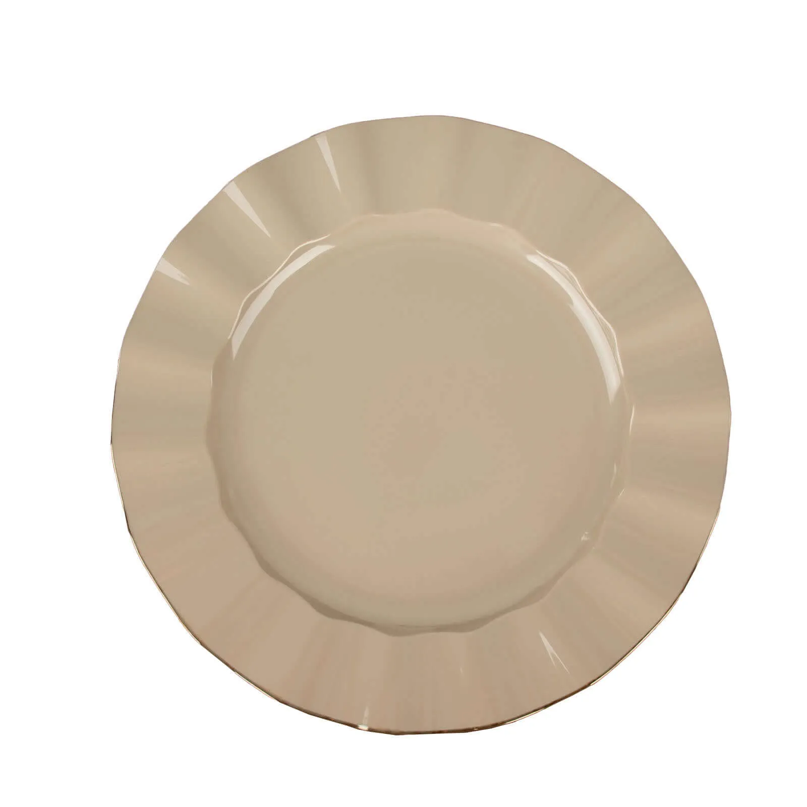 10 Pack 9" Taupe Heavy Duty Disposable Dinner Plates with Gold Ruffled Rim, Hard Plastic Dinnerware