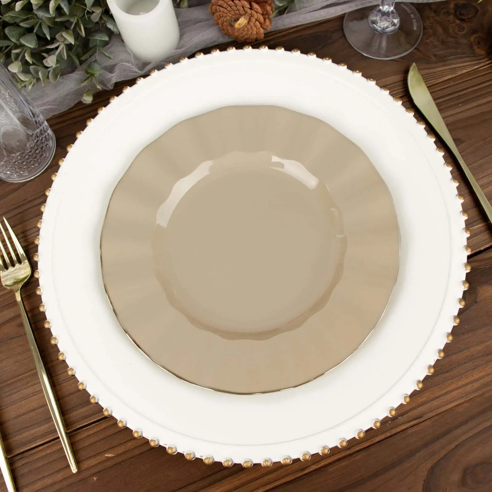 10 Pack 9" Taupe Heavy Duty Disposable Dinner Plates with Gold Ruffled Rim, Hard Plastic Dinnerware