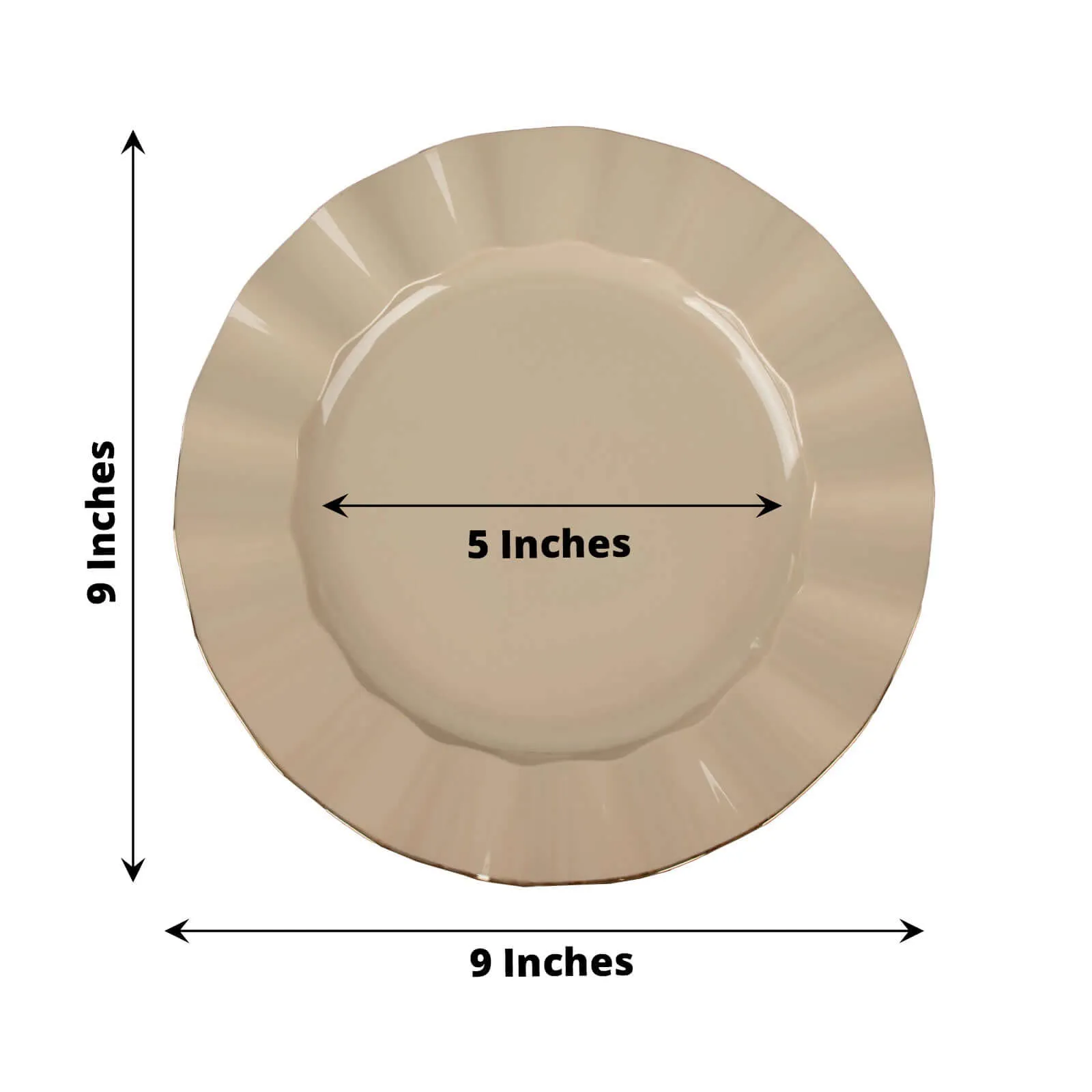 10 Pack 9" Taupe Heavy Duty Disposable Dinner Plates with Gold Ruffled Rim, Hard Plastic Dinnerware