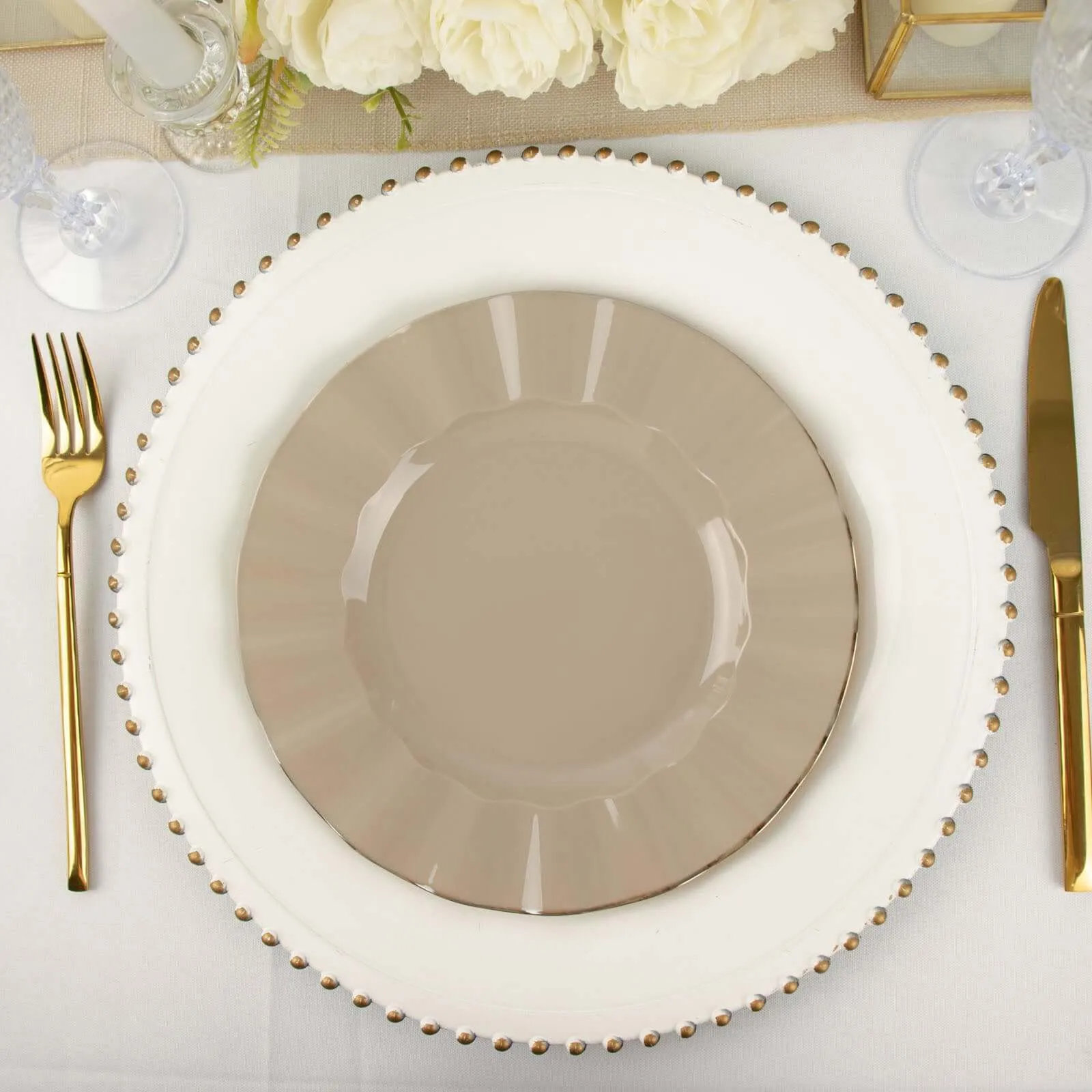 10 Pack 9" Taupe Heavy Duty Disposable Dinner Plates with Gold Ruffled Rim, Hard Plastic Dinnerware