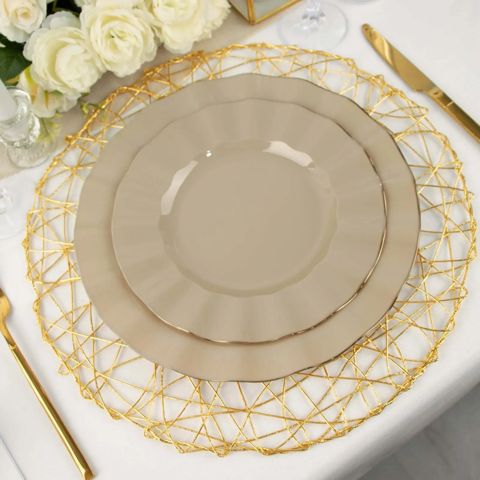 10 Pack 9" Taupe Heavy Duty Disposable Dinner Plates with Gold Ruffled Rim, Hard Plastic Dinnerware