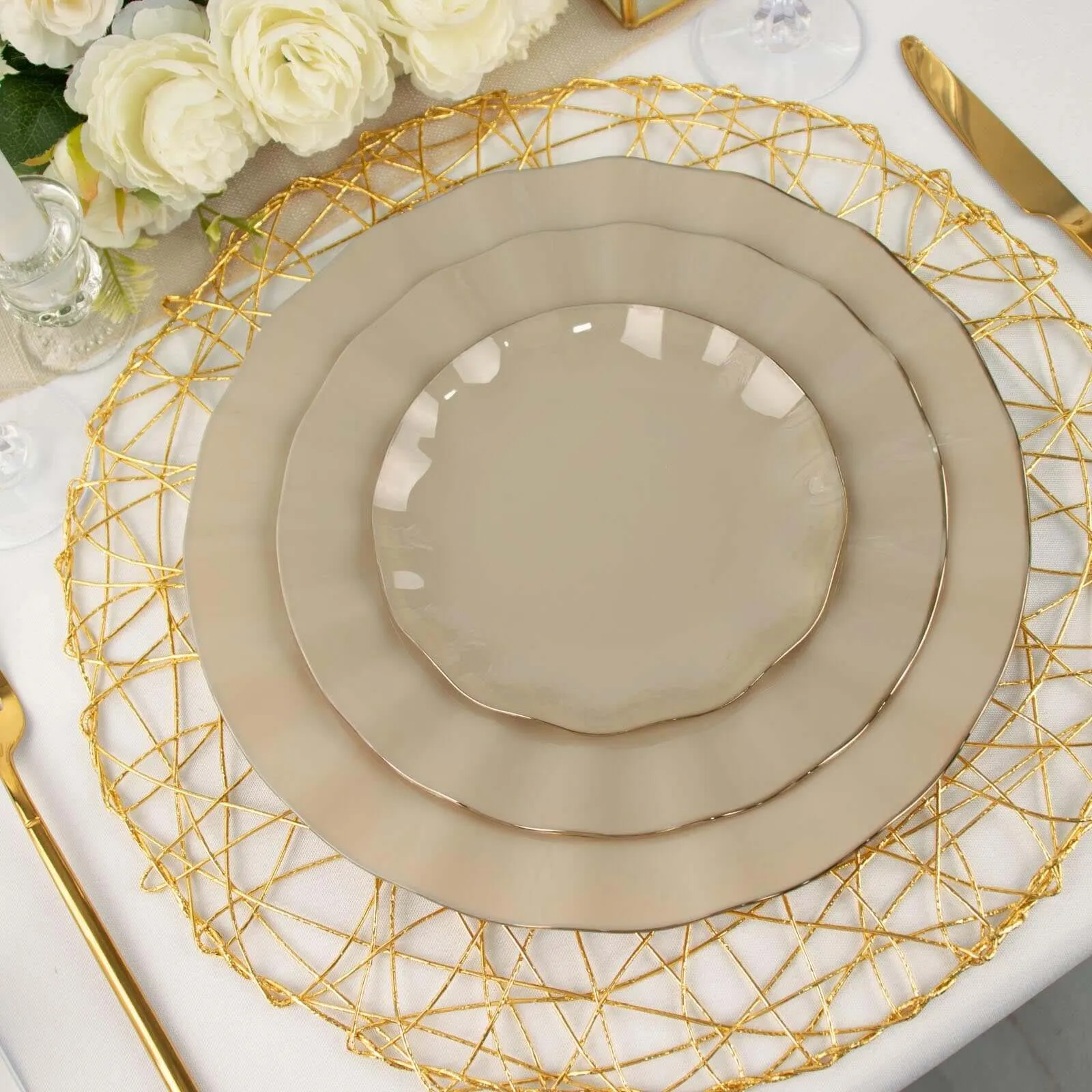 10 Pack 9" Taupe Heavy Duty Disposable Dinner Plates with Gold Ruffled Rim, Hard Plastic Dinnerware