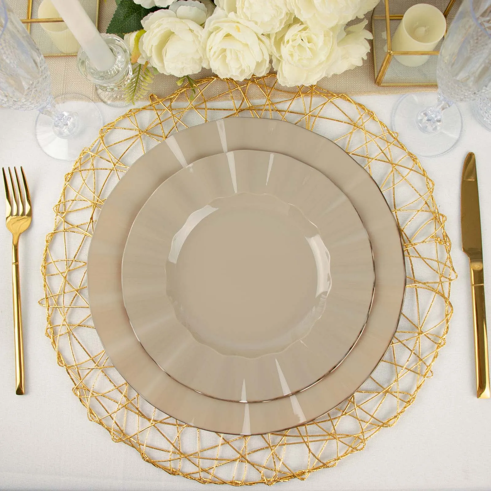 10 Pack 9" Taupe Heavy Duty Disposable Dinner Plates with Gold Ruffled Rim, Hard Plastic Dinnerware