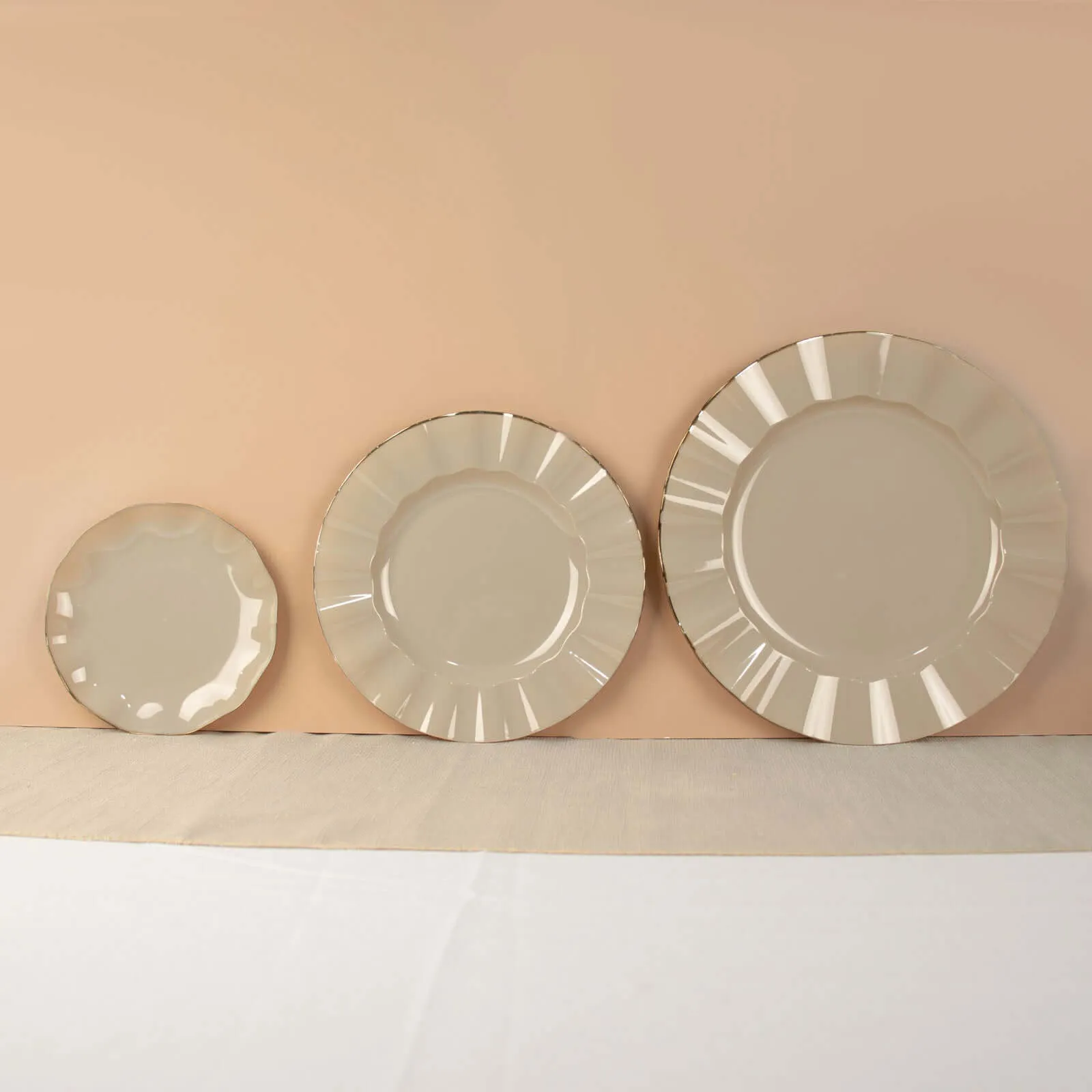 10 Pack 9" Taupe Heavy Duty Disposable Dinner Plates with Gold Ruffled Rim, Hard Plastic Dinnerware