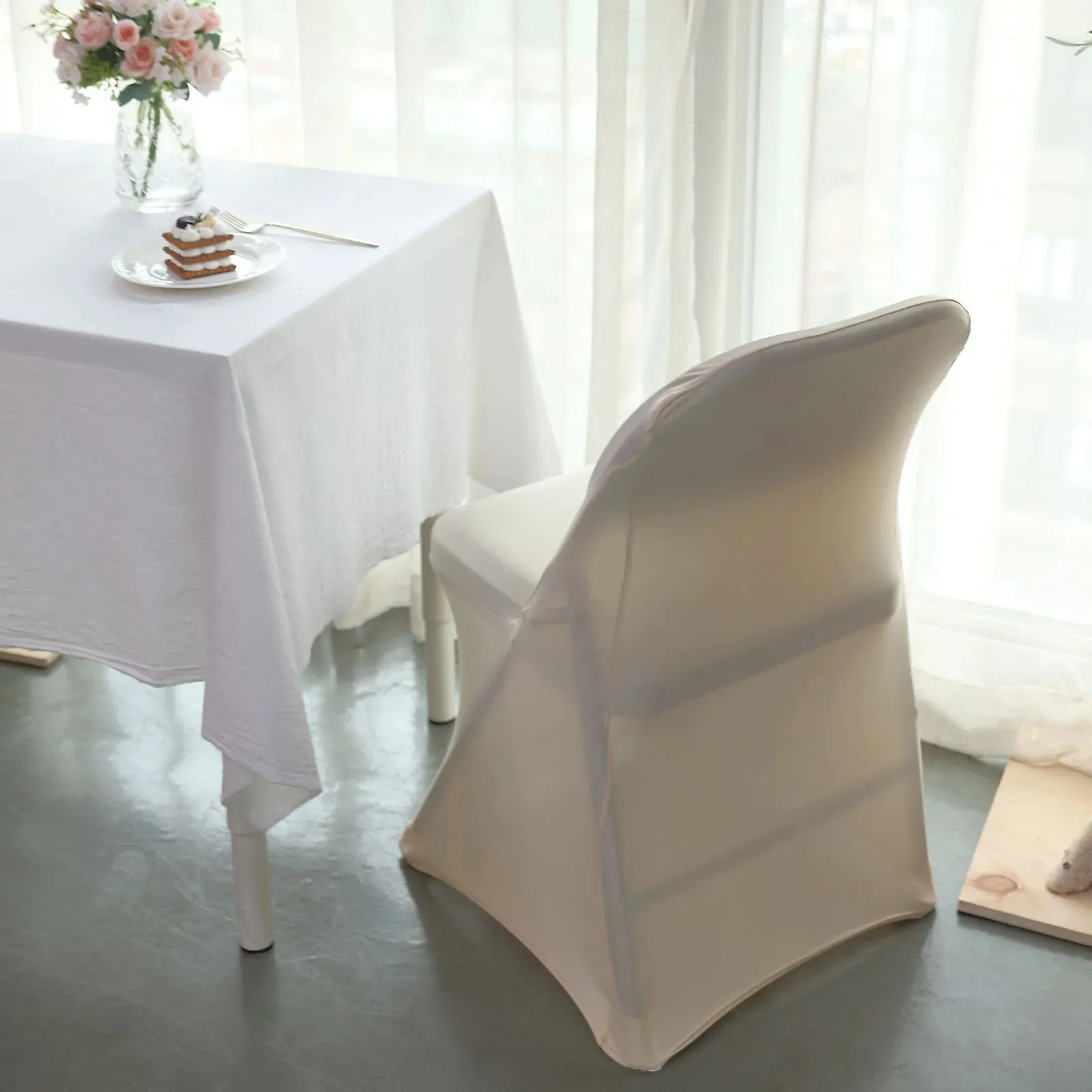 10 Pack Beige Spandex Folding Slip On Chair Covers, Stretch Fitted Chair Covers - 160 GSM