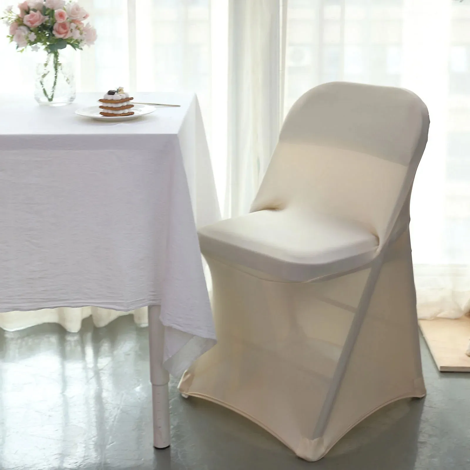 10 Pack Beige Spandex Folding Slip On Chair Covers, Stretch Fitted Chair Covers - 160 GSM