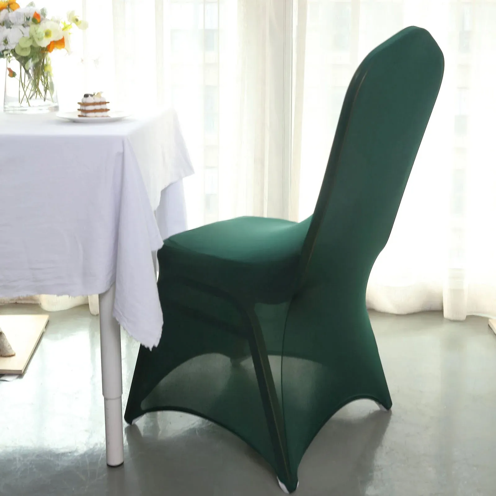 10 Pack Hunter Emerald Green Spandex Fitted Banquet Chair Covers, Reusable Stretched Slip On Chair Covers