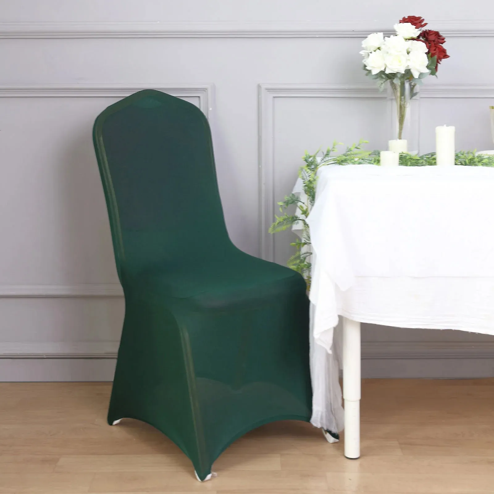 10 Pack Hunter Emerald Green Spandex Fitted Banquet Chair Covers, Reusable Stretched Slip On Chair Covers