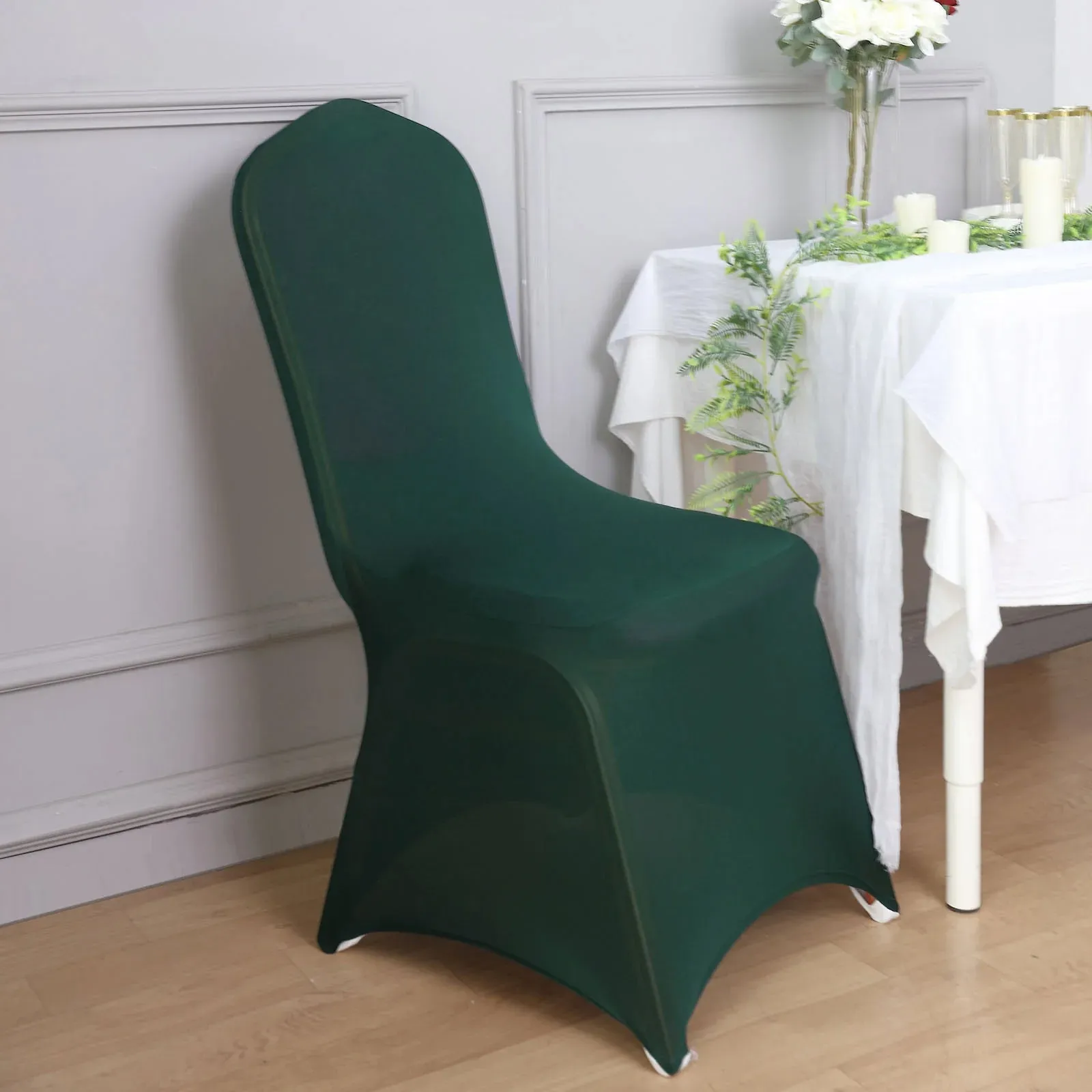 10 Pack Hunter Emerald Green Spandex Fitted Banquet Chair Covers, Reusable Stretched Slip On Chair Covers