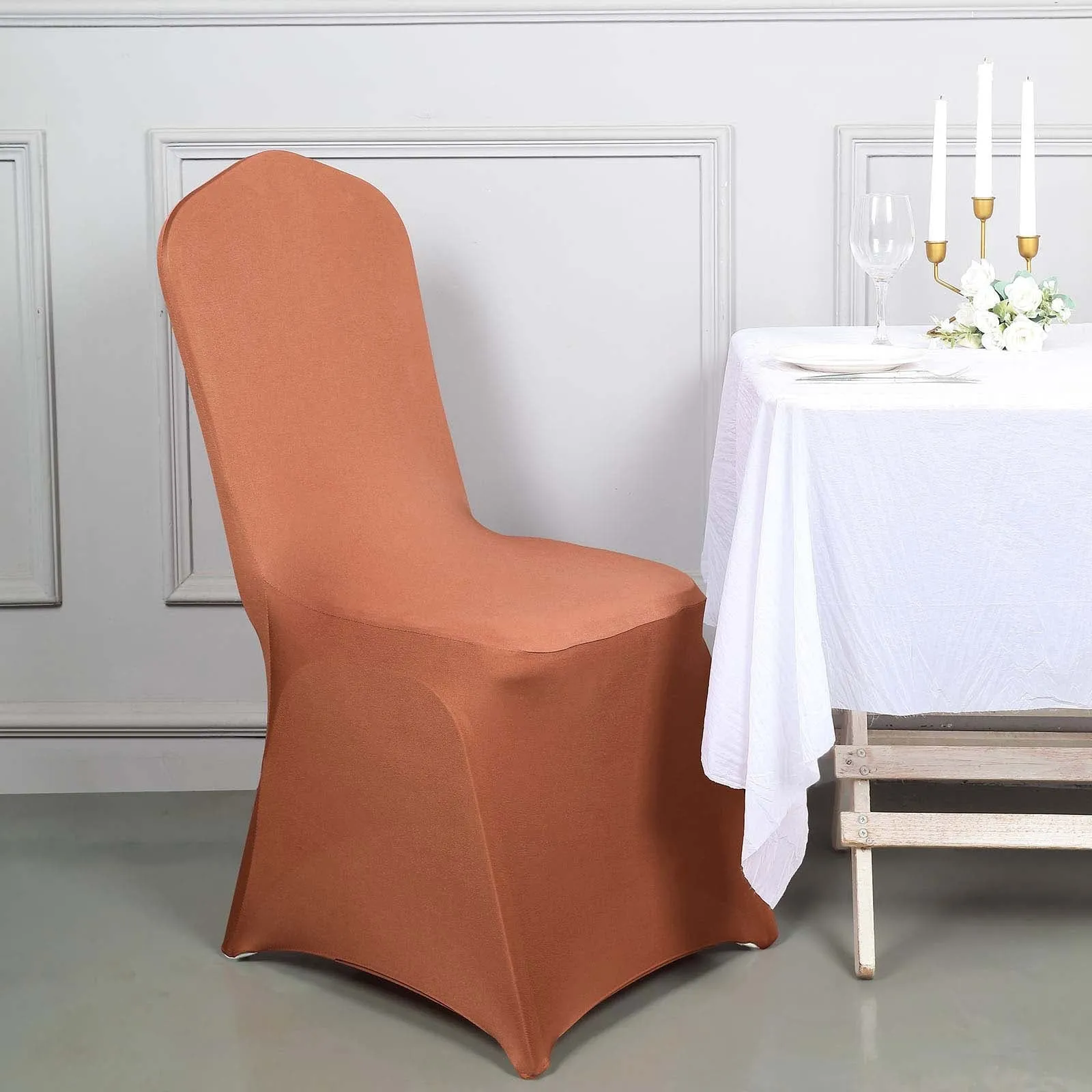 10 Pack Terracotta (Rust) Spandex Fitted Banquet Chair Covers, Reusable Stretched Slip On Chair Covers