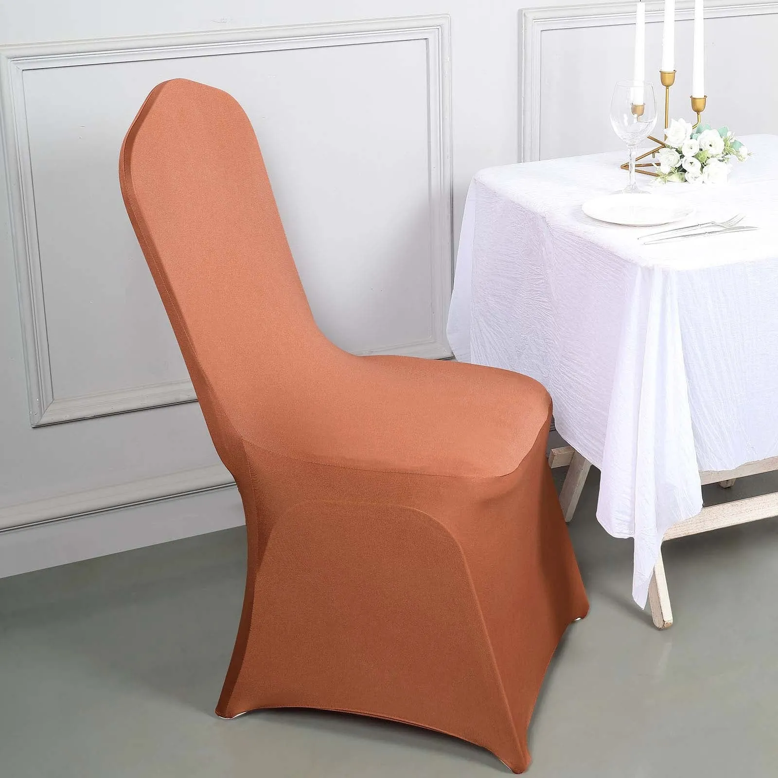 10 Pack Terracotta (Rust) Spandex Fitted Banquet Chair Covers, Reusable Stretched Slip On Chair Covers