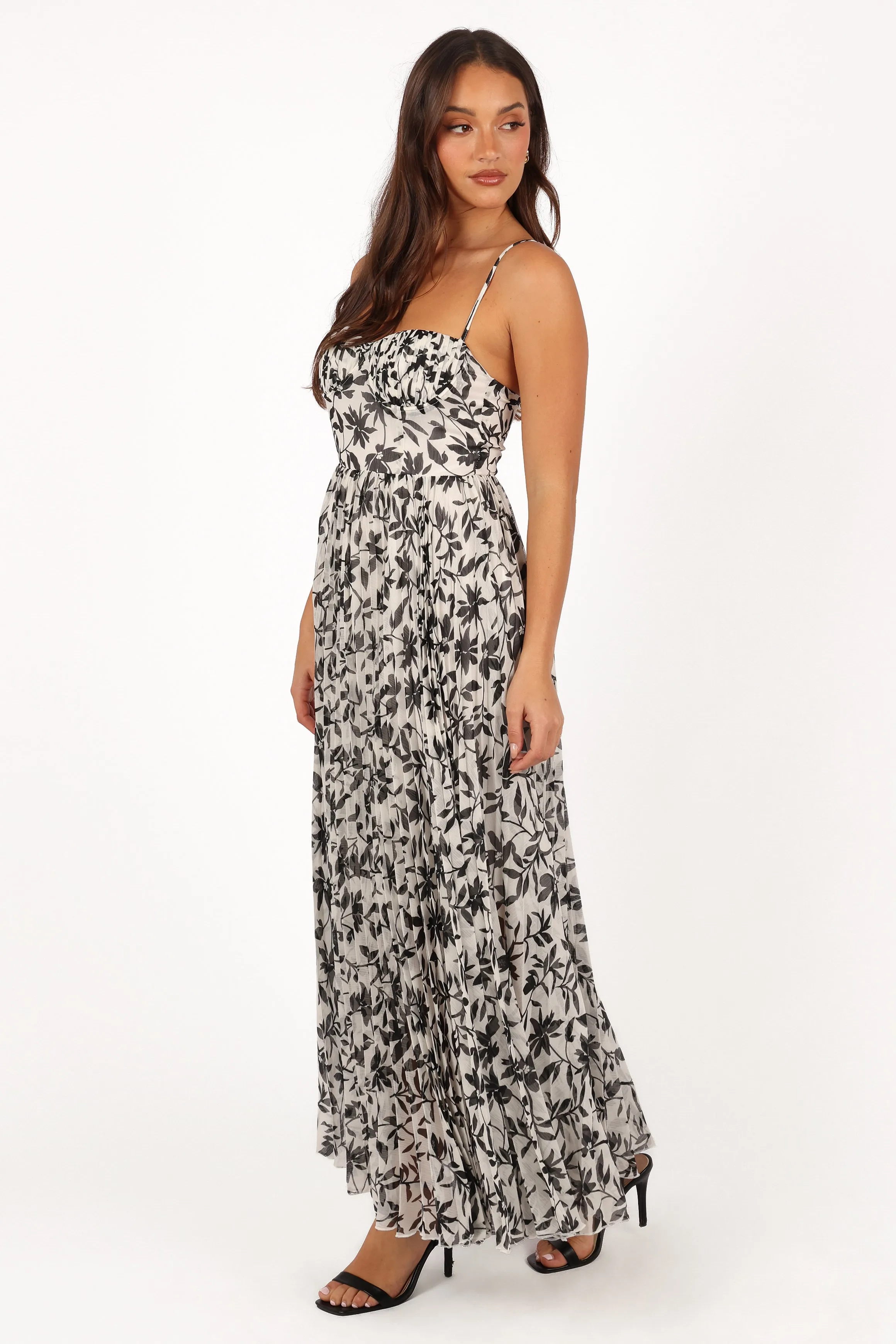 Achanti Pleated Maxi Dress - White Black Floral