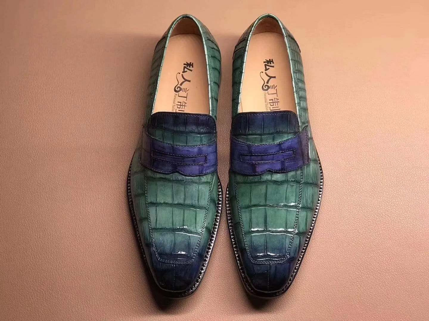 Crocodile Shoes Green Men's Crocodile Leather Loafers,Slip-Ons Diving Shoes, Penny Loafers Shoes